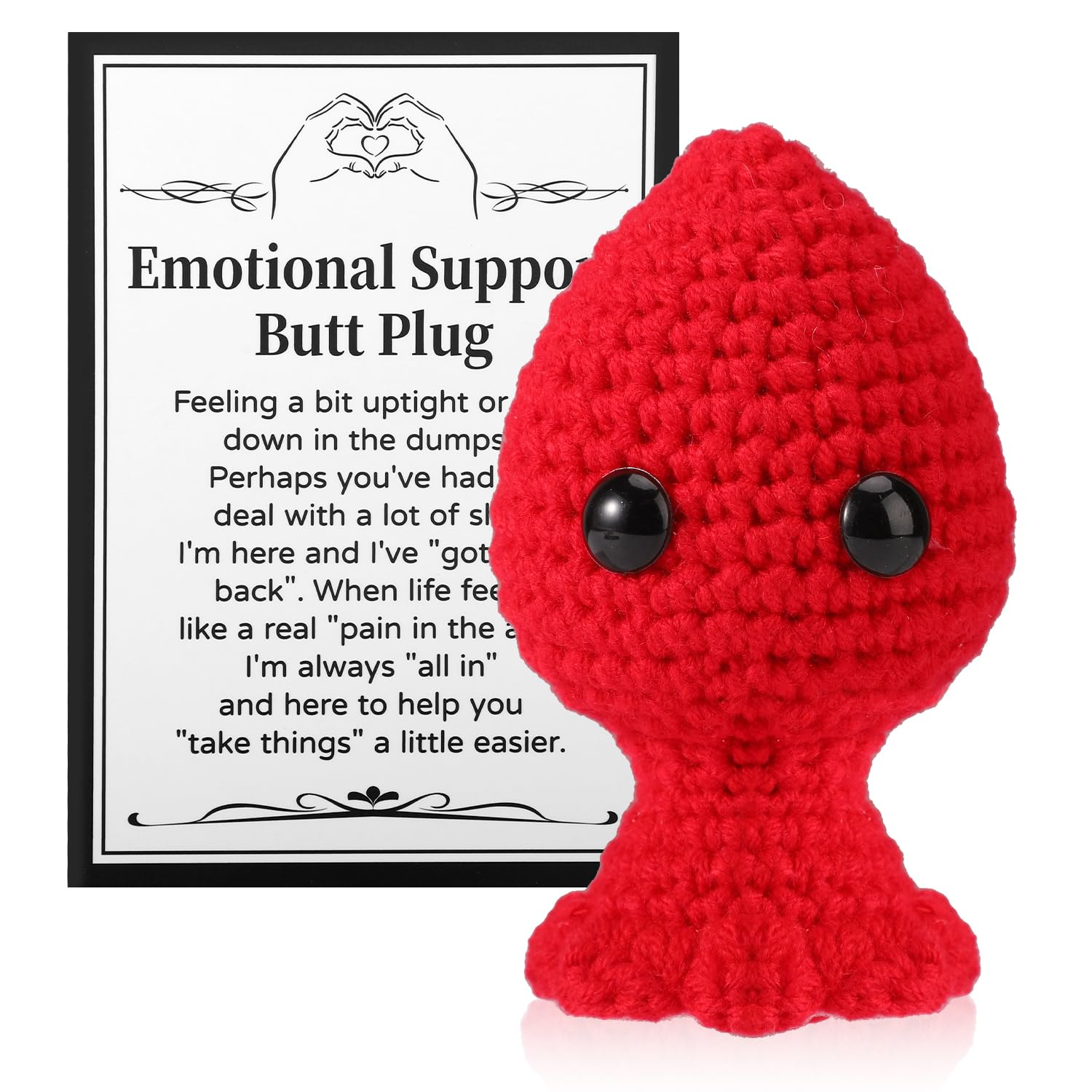 TOYMIS Positive Knitted Toy, Funny Handmade Crochet Butt Plug with Large Card Emotional Plush Positive Support Gifts and Perfect Decorations for Home Office Bedroom Parties(Red)