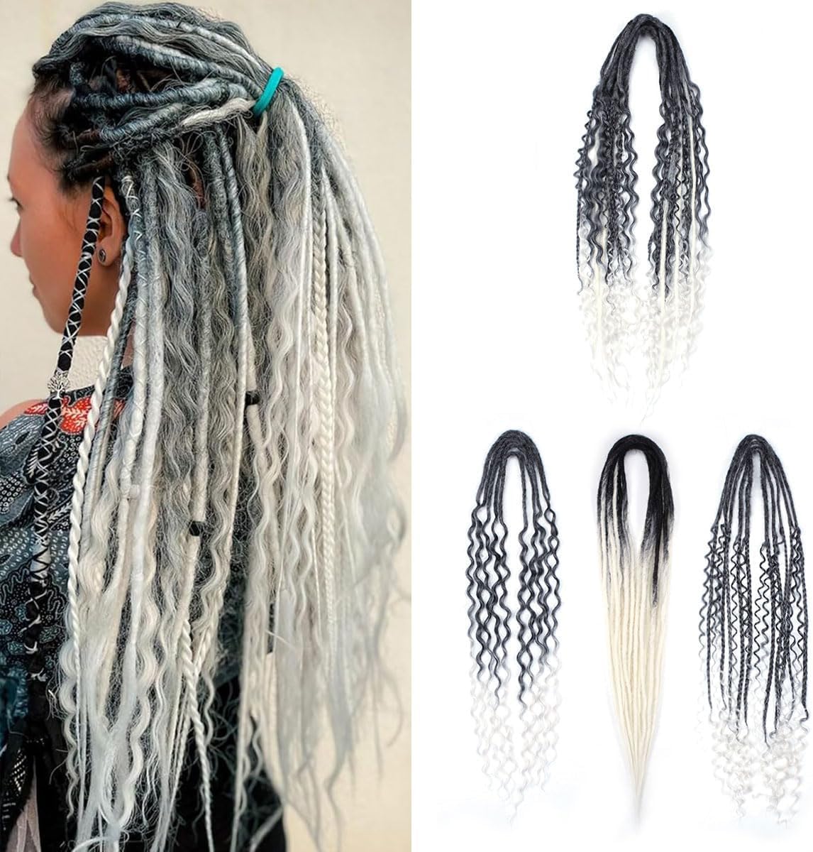 Double Ended 3 in 1 Dreadlock Extensions, 24 inch 15pcs Grey to White Mixed Dreads Extensions Set DE Dreads with Curly Dreadlocks for White Women