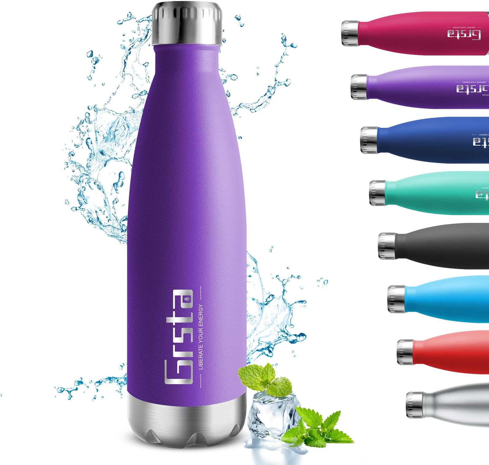 GrstaStainless Steel Insulated Water Bottle, Sports Water Bottle, 500ml/650ml/750m, Vacuum Flask BPA Free, Metal Water Bottles, Leakproof Double Wall Drinking Suitable for Outdoor Sports, Cycling