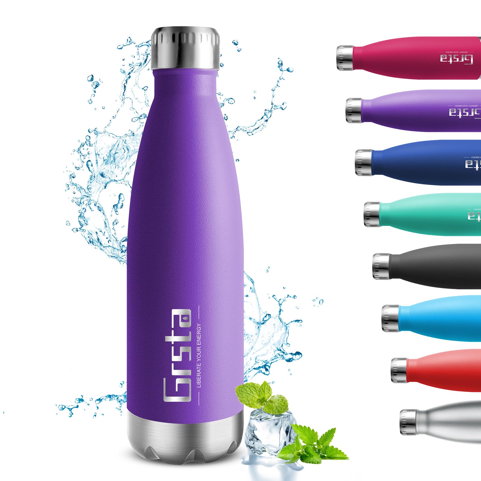 GrstaStainless Steel Insulated Water Bottle, Sports Water Bottle, 500ml/650ml/750m, Vacuum Flask BPA Free, Metal Water Bottles, Leakproof Double Wall Drinking Suitable for Outdoor Sports, Cycling