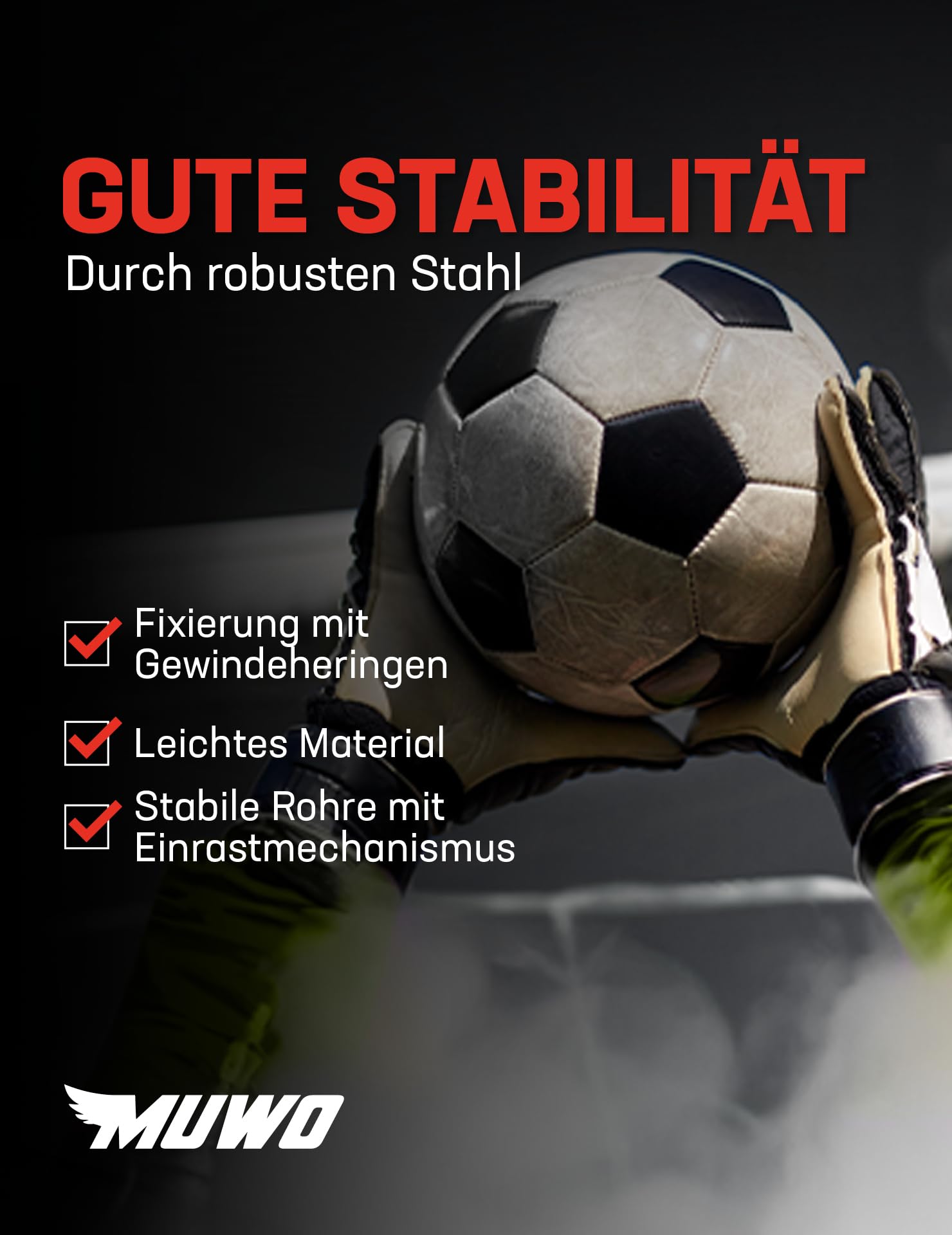 MUWO Fußballtor aus Stahl mit Textilmantel 240 x 150 cm, wetterfest und Outdoor geeignet, für Hof und Garten, zum Trainieren und für Freundschaftsspiele
