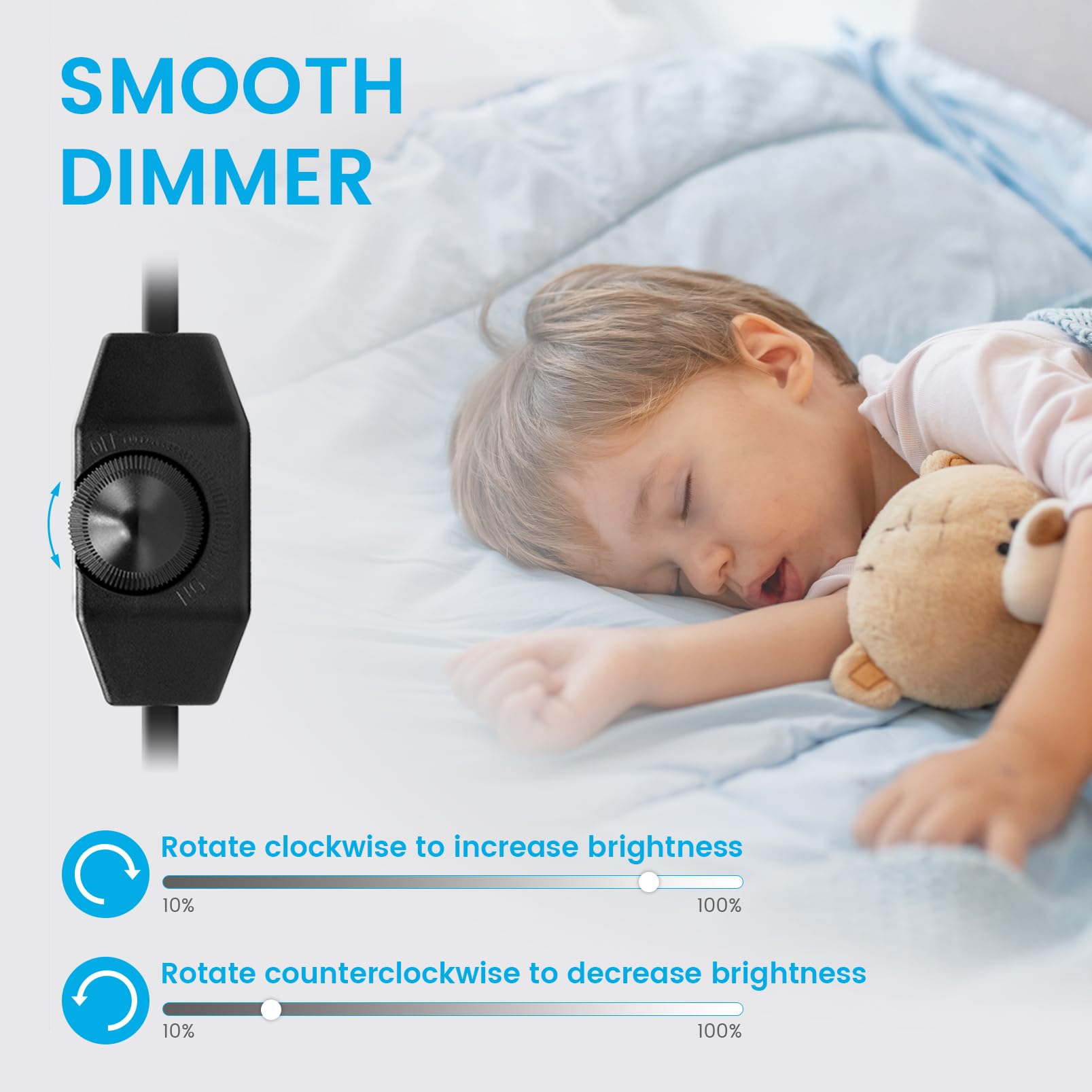 KSIBNW Regulador Intensidad LED con Interruptor, 2M Dimmer Regulador de Intensidad 220-240V Sin Niveles EURO Enchufe Cable de Alimentación Extensión Rotativo Interruptor Silencioso para Lámparas LED