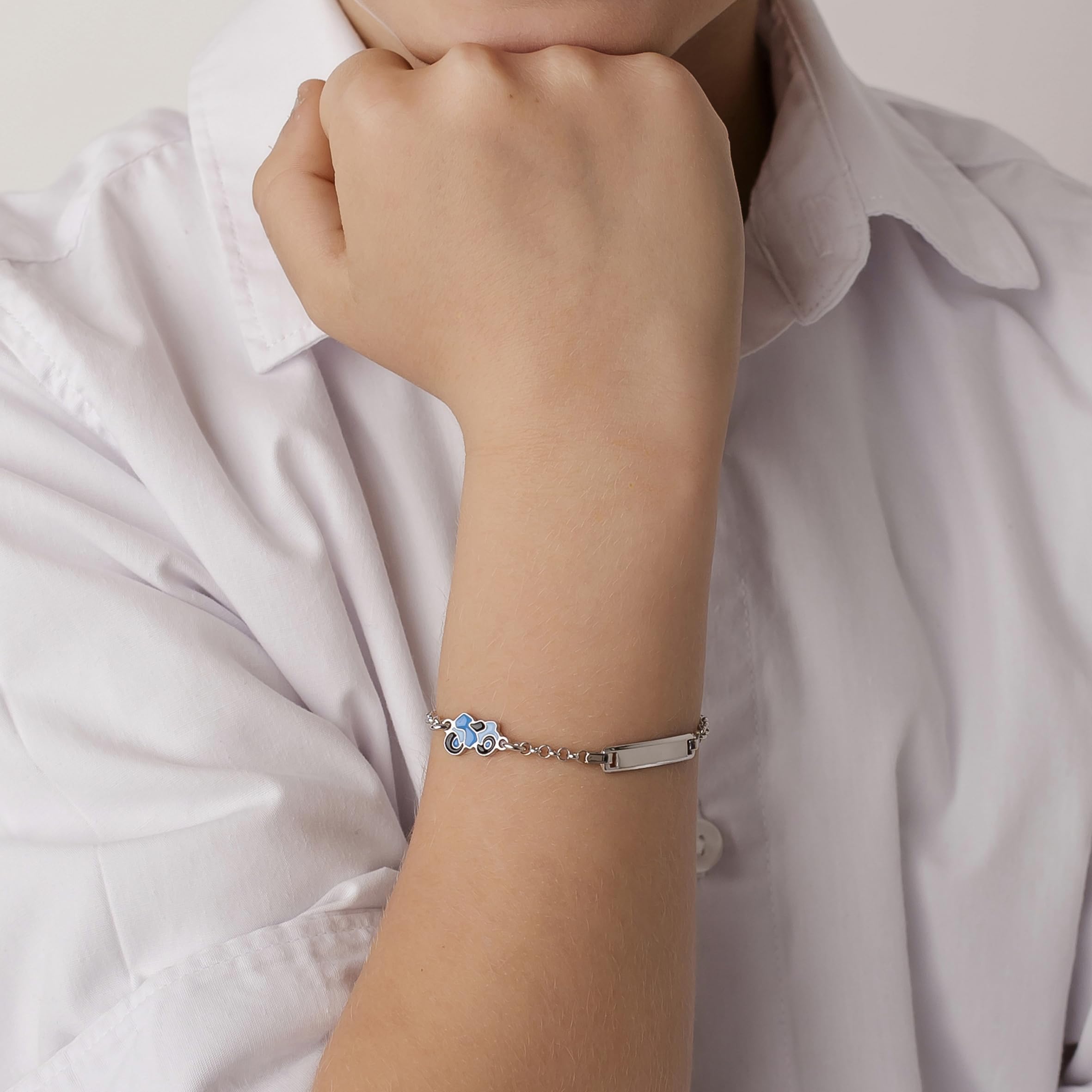 Pulsera de plata para niños grabable con moto esmaltada