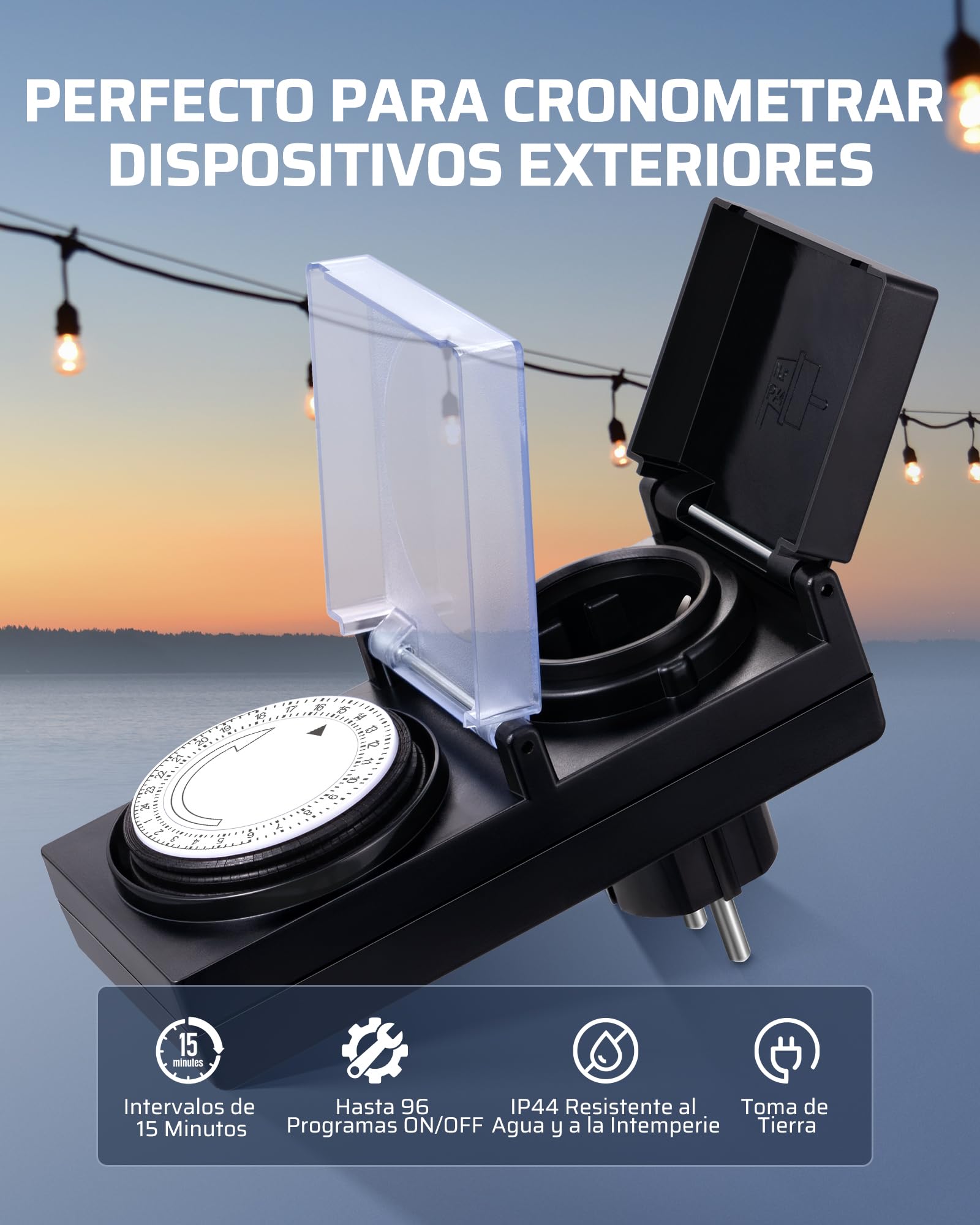 DEWENWILS Temporizador Analógico Mecánico para Exterior, IP44 Impermeable, Cerradura para Niños y Cubierta Protectora para Jardín, Bomba de Piscina, 16A / 3680W, Paquete de 2 Unidades
