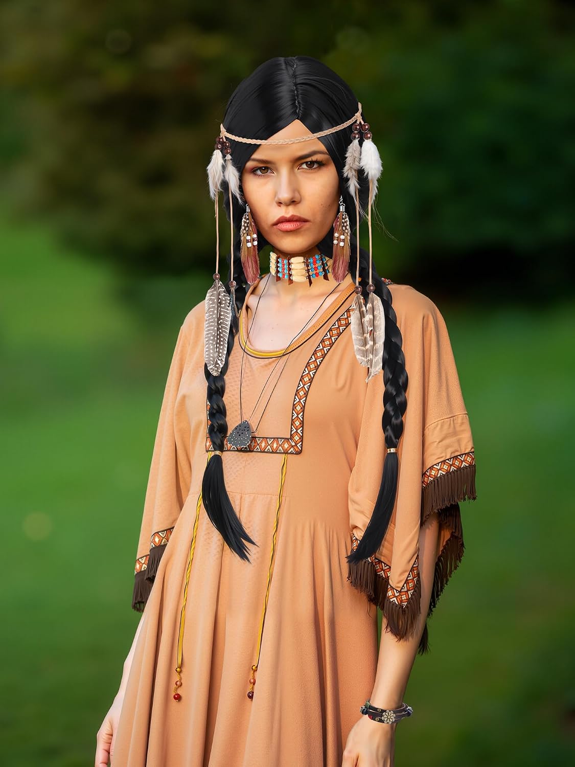 Shihanee 5 Pcs Halloween Native Indian Costume Accessories Set, Double Braids Wig Feather Headdress Earrings Bracelet Choker Necklace for Women Hippie American Maiden Princess Cosplay Multicolor