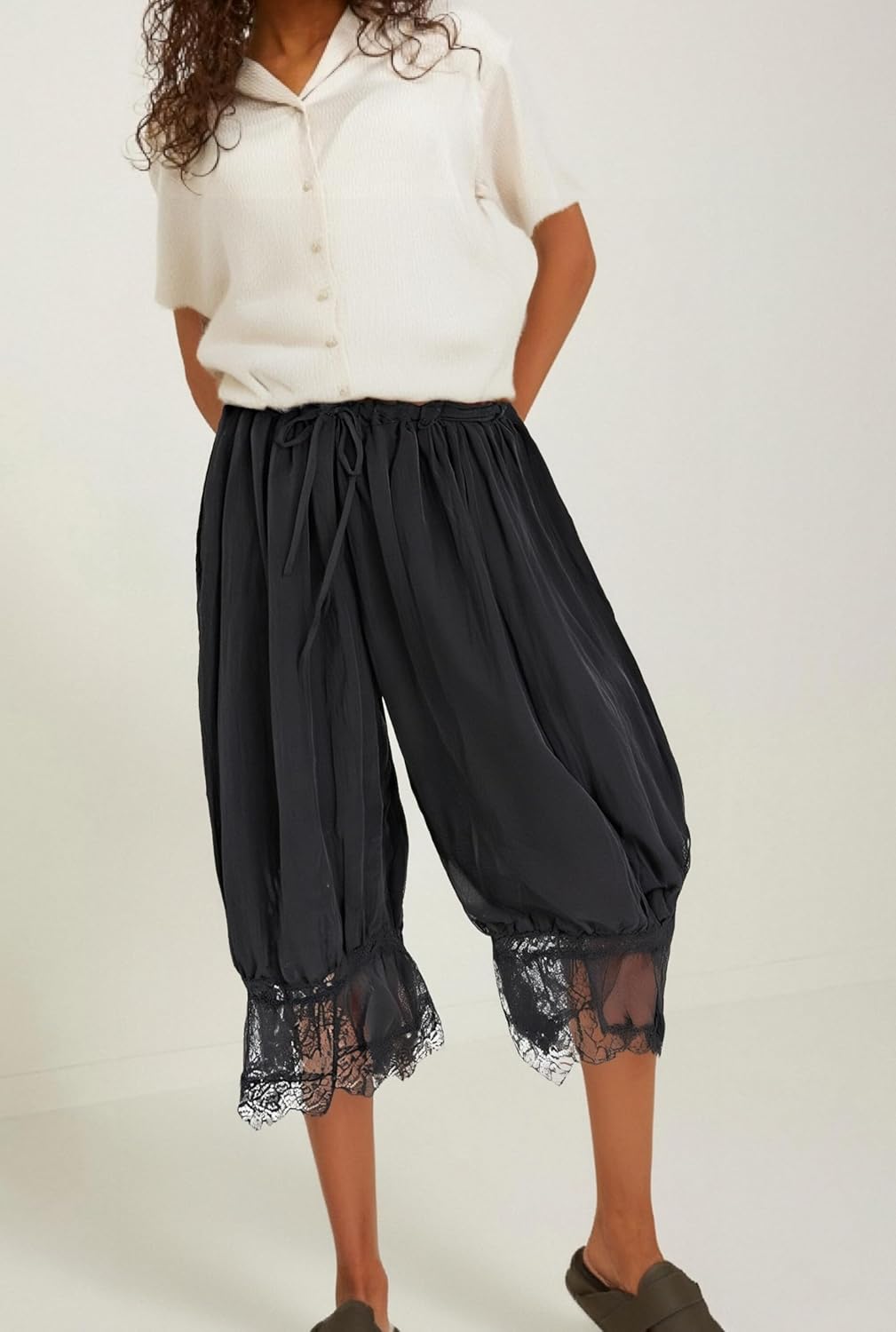 UAURORAO Women Lace Trim Long Bloomers Elastic Mid Rise Ruffle Pantaloons Cropped Flared Slips Pants Pajama Bottoms - Image 7