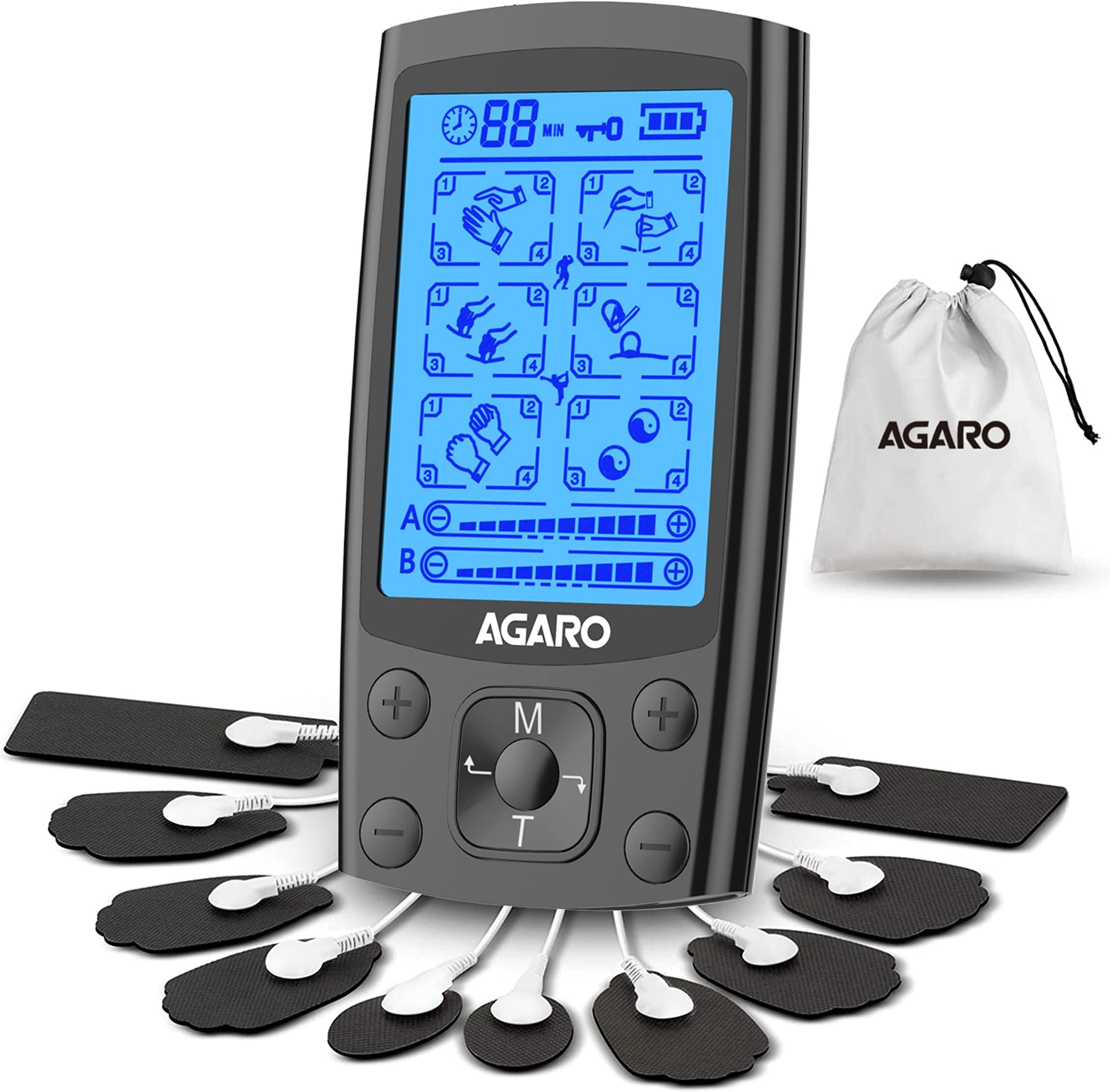 AGARO Dual Channel TENS Massager TM2421 24 Modes, 20 Intensity Levels, Rechargeable, Muscle/Nerve Stimulator for Pain Relief Therapy, Physiotherapy Machine, 10 Gel Pads, Period Pain, Pulse Massager
