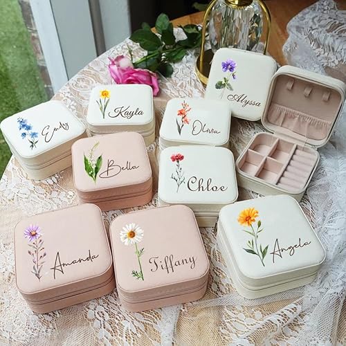 Miniatura 7 de Corissy Joyero personalizado para mujer joyero de viaje personalizado con nombre y flor de nacimiento joyero de cuero para anillos aretes collares