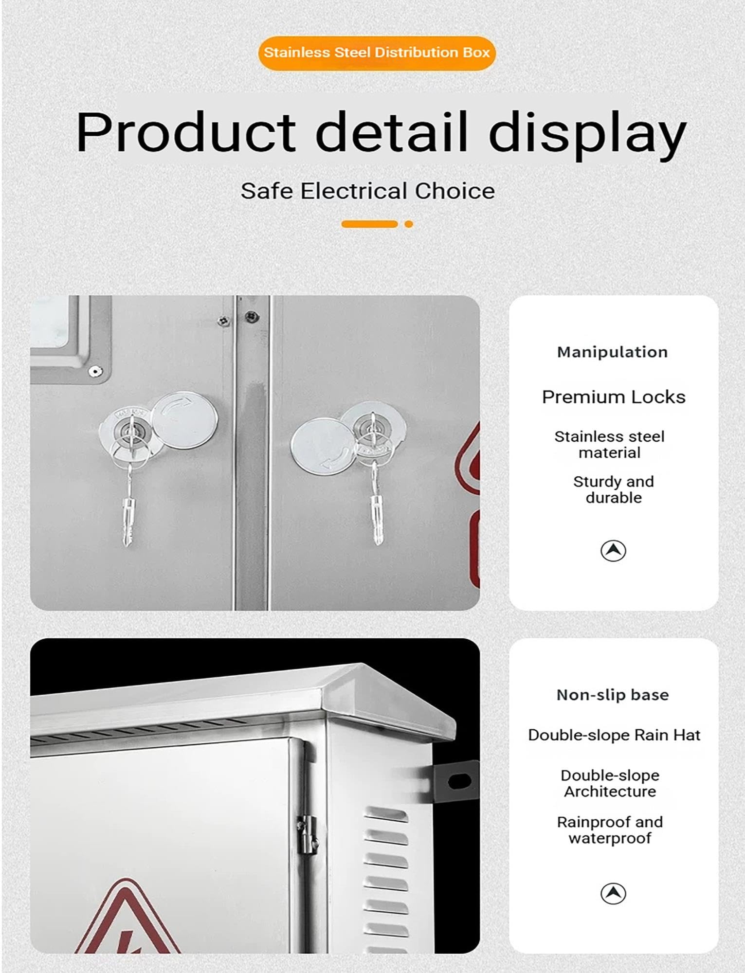 Caja eléctrica impermeable de dos puertas con cerradura, placa de montaje