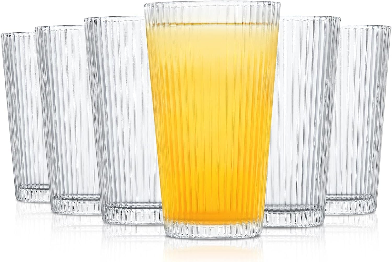 16 oz Ribbed Glass Tumblers Set of 6 - Elegant Highball Glasses for Cocktails Iced Coffee Whiskey and