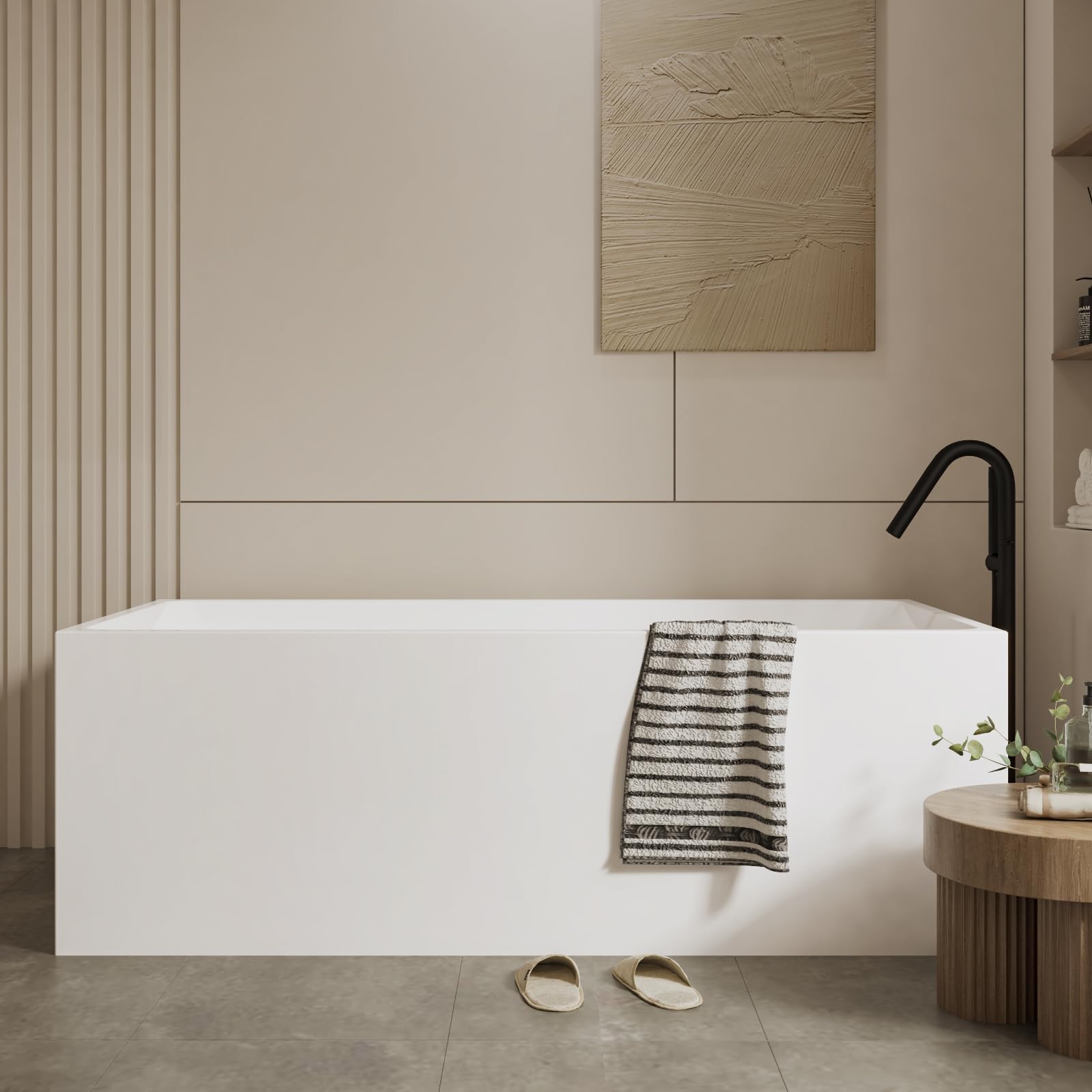 67" Acrylic Free Standing Bathtub, White Contemporary Soaking Tub with Chrome Overflow &amp; Drain, Easy to Install Modern Bath Tub
