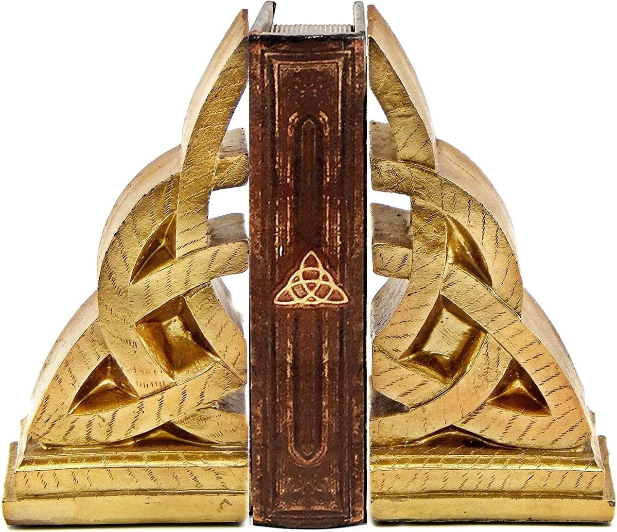 Bellaa 21787 Decorative Bookends Golden Celtic Knot Triquetra Irish Theme Mystical Design Endless Celts Symbol 8 Inch Book Ends