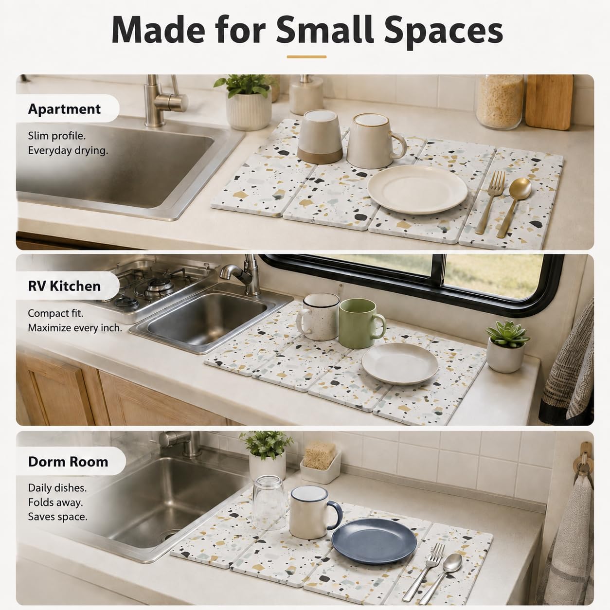 4-Fold Stone Dish Drying Mat for Kitchen Counter, Quick Dry Diatomite Dish Mat, Foldable Absorbent Drying Stone Pad for Sink Side, Cups, Plates, Bottles, Utensils, Mugs and Coffee Bar, White Terrazzo