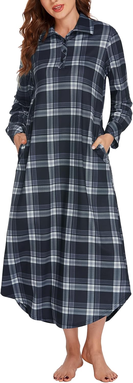 Ekouaer Women's Nightgown Long Sleeve Nightshirt Full Length Loungewear Plaid Sleepwear With Pockets