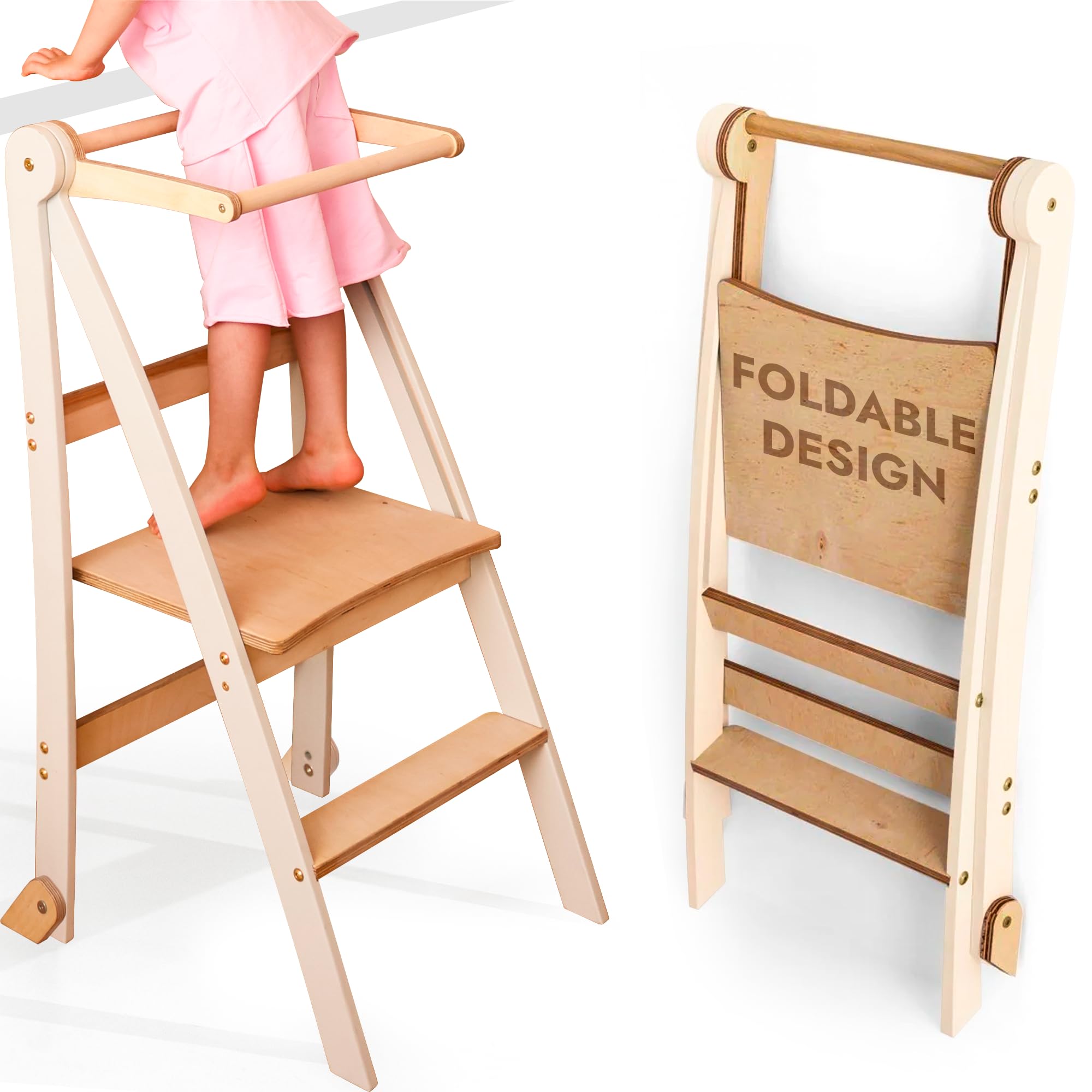 Goodevas Ivory Wooden Montessori Learning Tower Space-Saving: Foldable Learning Tower, Stool For Children, Foldable Kids' Step Stool, Tower With Anti-Tip Protection
