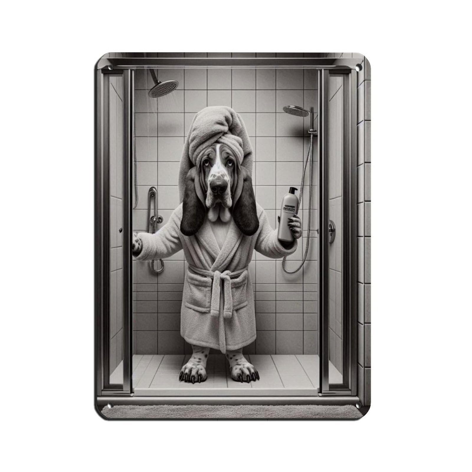Dog in Bathrobe Taking Shower Tin Sign Vintage Metal Pub Club Cafe Bar Home Wall Art Decoration Poster Retro 12x16inch(30x40cm)