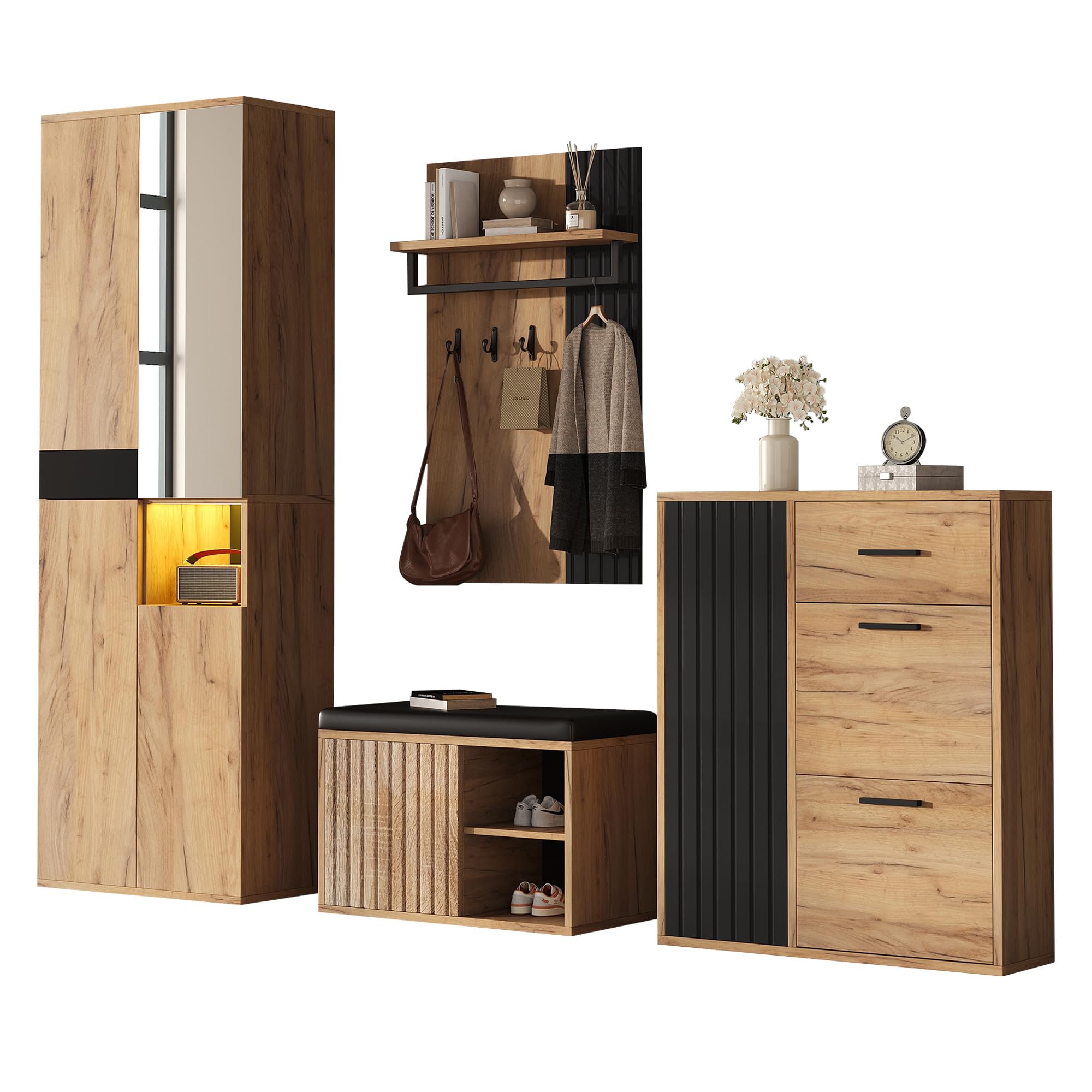 Juego de perchero de pared, 215 x 36 x 190 cm, 4 piezas con armario, zapatero, zapatero, madera natural y negro, juego de muebles de pasillo para entrada