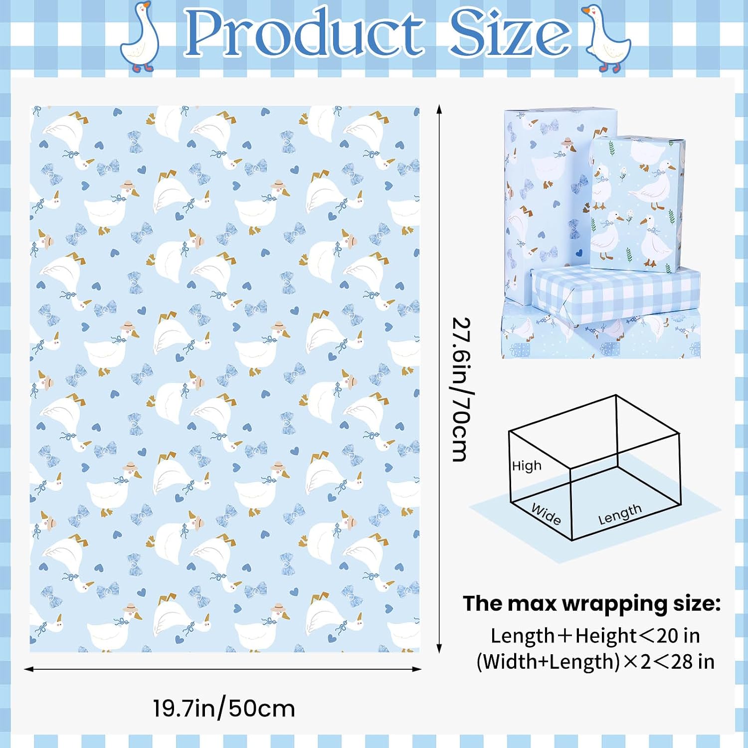 Pineraap 12 Sheets Goose Wrapping Paper, Farm Animal Gift Wrap Paper Cute Goose Gift Packing Paper Folded Flat for Baby Shower Boys Birthday Gender Reveal DIY Crafts, 19.7 x 27.6 Inch, Blue