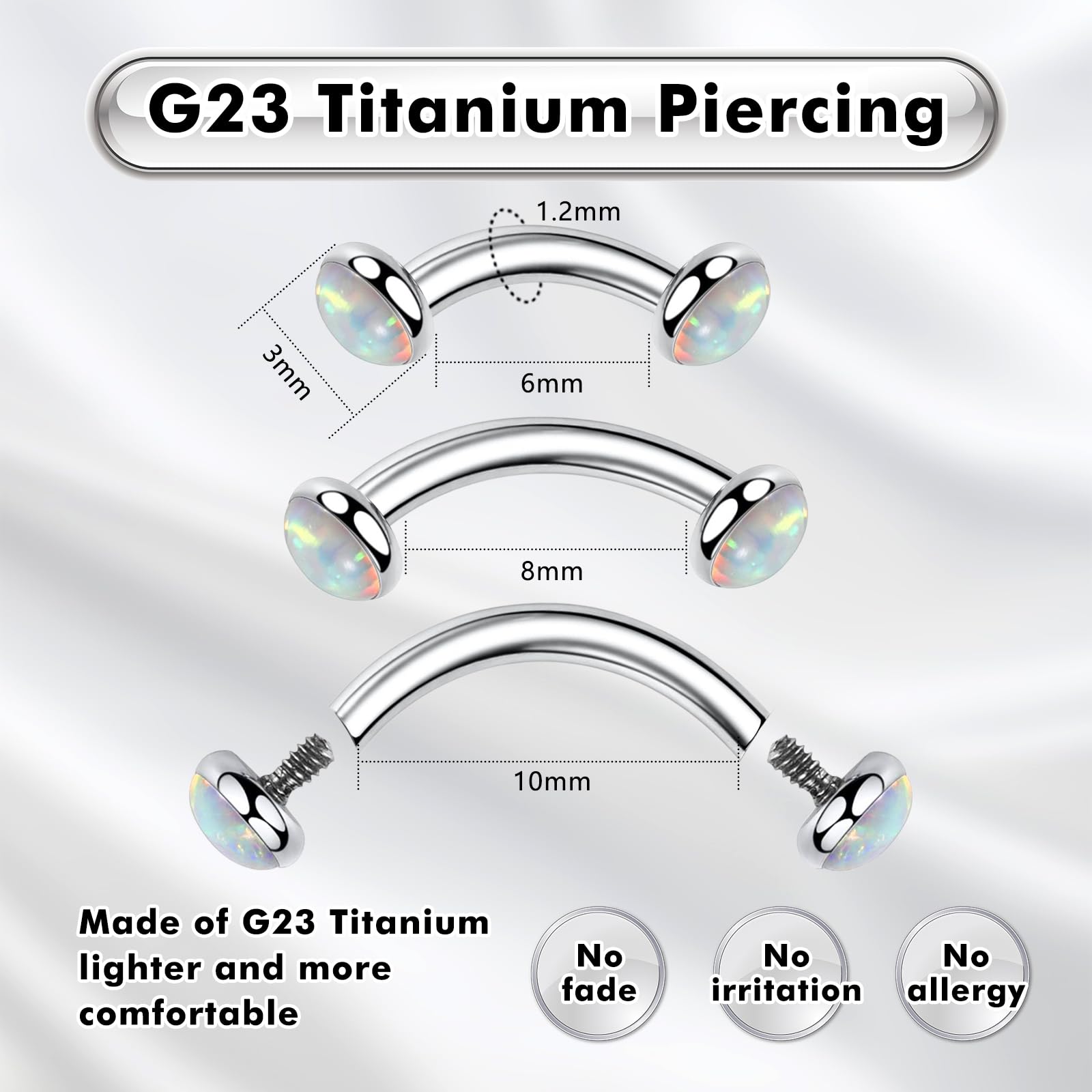 G23 tytan zakrzywiony brzana dym pionowy labret do ust Tragus Labret Daith kolczyk do brwi wąż oczy kolczyk srebrny opal 6 mm / 8 mm / 10 mm 16 g banan brzuch bar piercing brwi