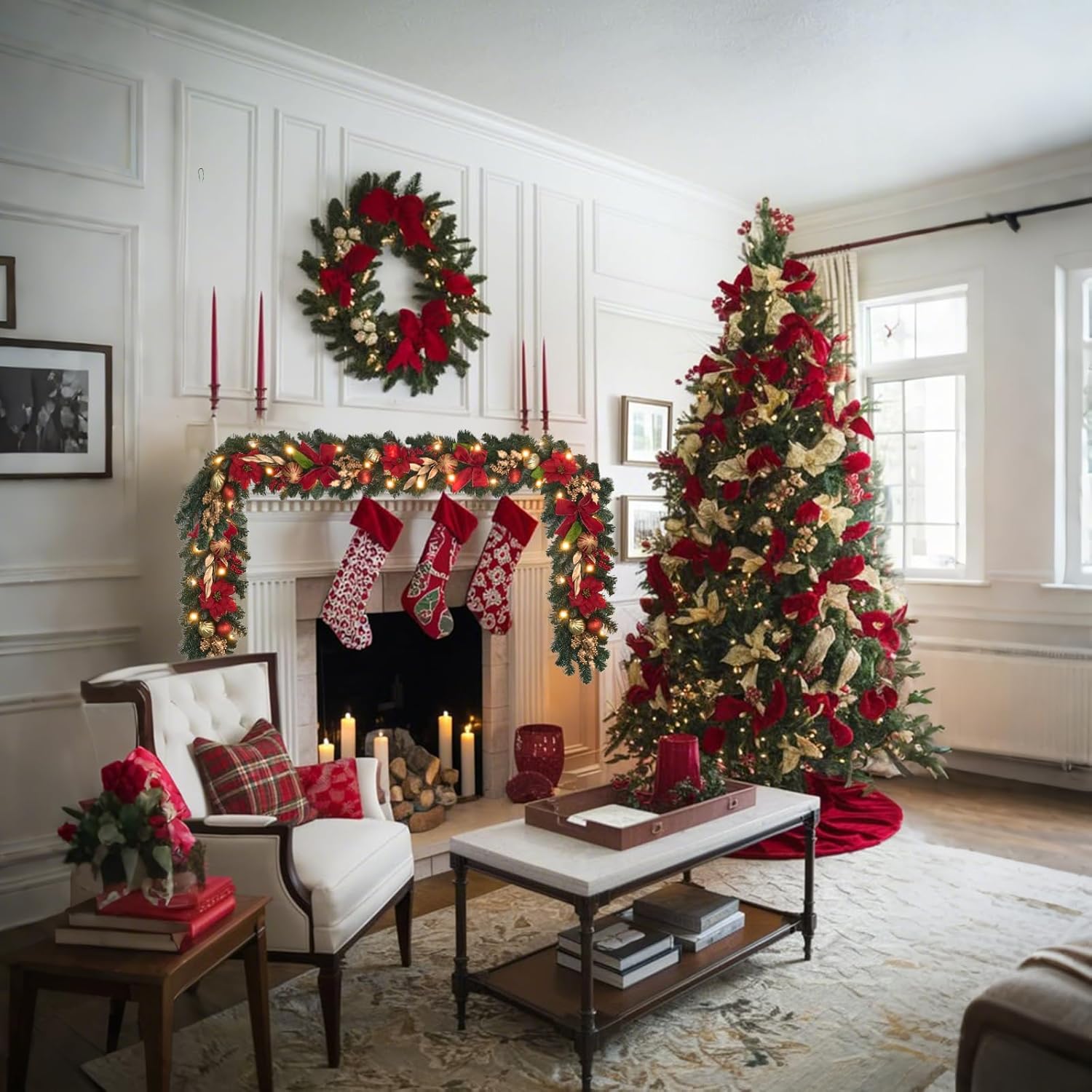 6ft Pre-lit Garland,red Gold Christmas Poinsettia Garland with 25 LED Light String,Indoor Outdoor Lighted Decorations on Mantle Fireplace Front Door Stairs Winter Decor Battery Operated with Timer