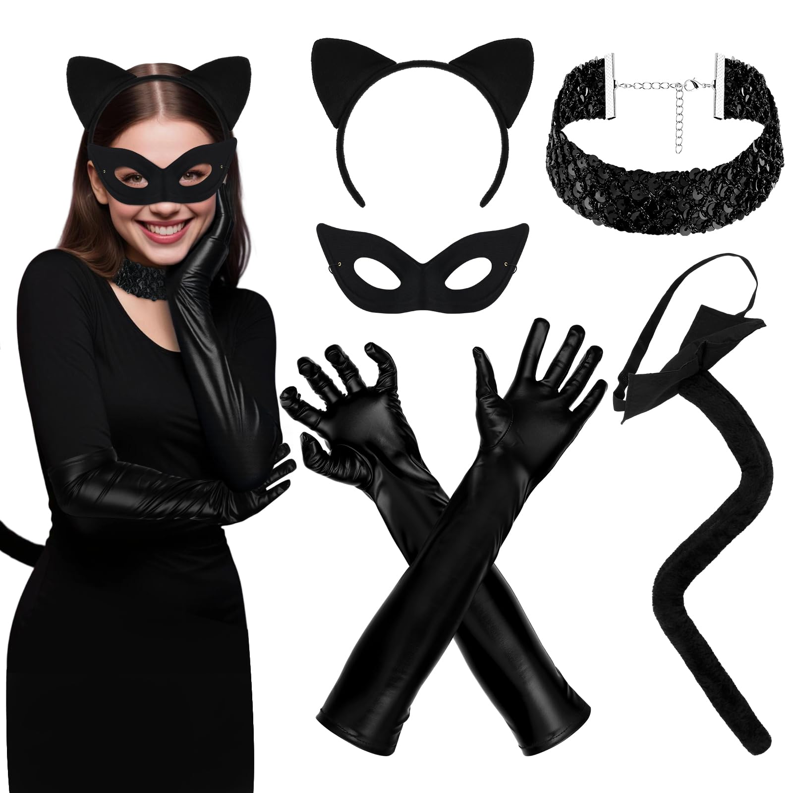 BAIEGOED Catwoman Costume Accessories Set for Women  Includes Long Gloves, Choker Necklace, 65CM Tail, Cat Ear Headband & Black Cat Mask  Suitable for Halloween and Cosplay Parties