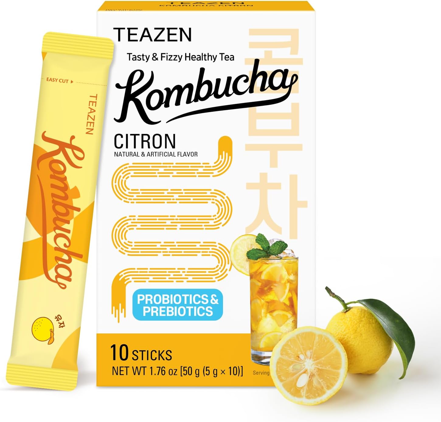 TEAZEN Citron Kombucha Tea, Hydration Drink Mix, Sugar Free, Live Probiotics & Prebiotics, 10 Sticks, 1.76oz
