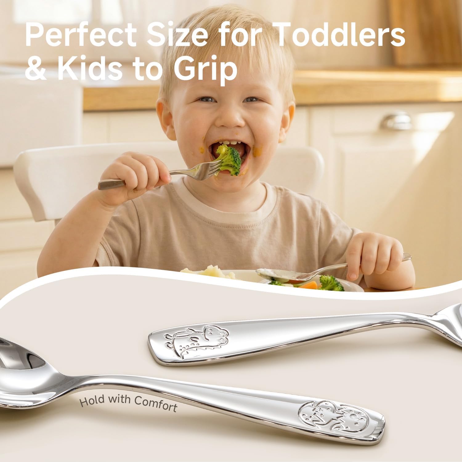 KINGSTONE Toddler Silverware Set, 12 Pieces Kids Utensils - 6 Forks & 6 Spoons, 18/10 Stainless Steel Food-Grade Kids Flatware, Cute Dinosaur Engraved, Dishwasher Safe for Home & Daycare Use