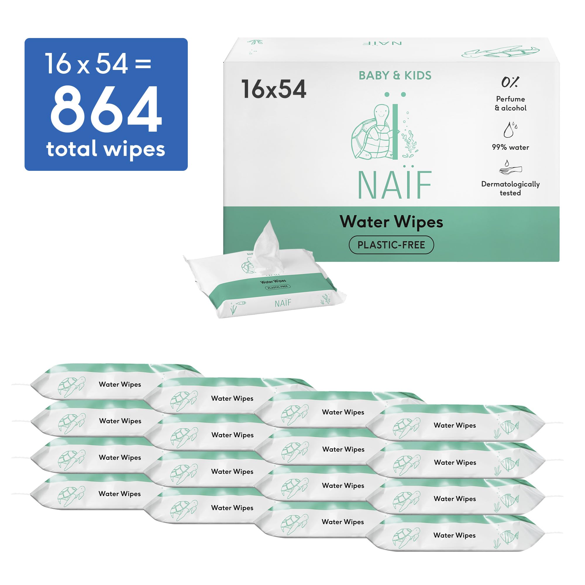 Naïf - Chusteczki nawilżane bez plastiku – 864 sztuki (16 x 54 wilgotne chusteczki) – pielęgnacja pupy, ciała i twarzy – 99% z wody – 0% perfum i alkoholu