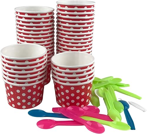 MMvolesy Copas de helado de papel rojo de 8 onzas, tazas de postre desechables de papel de lunares, cuencos de helado para alimentos fríos o