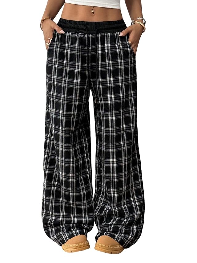 utcoco Womens Plaid Wide Leg Pants Vintage Low Waist Drawstring Casual Loose Patchwork Trousers with Pockets