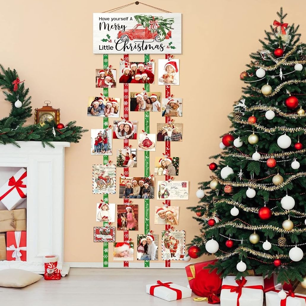 KAHEIGN Weihnachten Kartenhalter, 40cm x 120cm Holz Kartentafel Grußkartenhalter zum Aufhängen an die Wand, Weihnachtskarten-Displaytafel mit 30 Schneeflocken Fotoclips für Weihnachtsdekoration