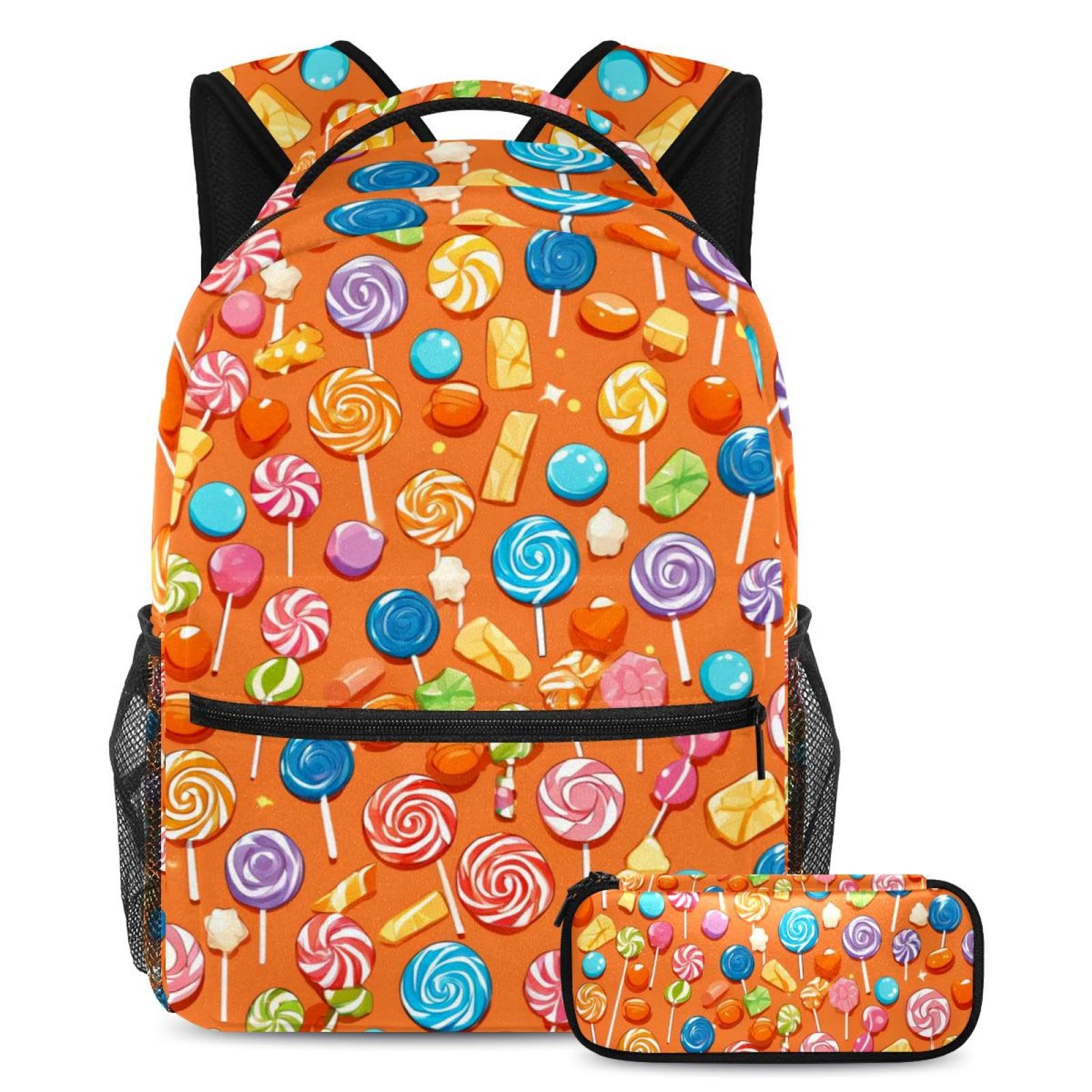 Sac à dos avec trousse à crayons au motif bonbons orange multicolore fun - 7