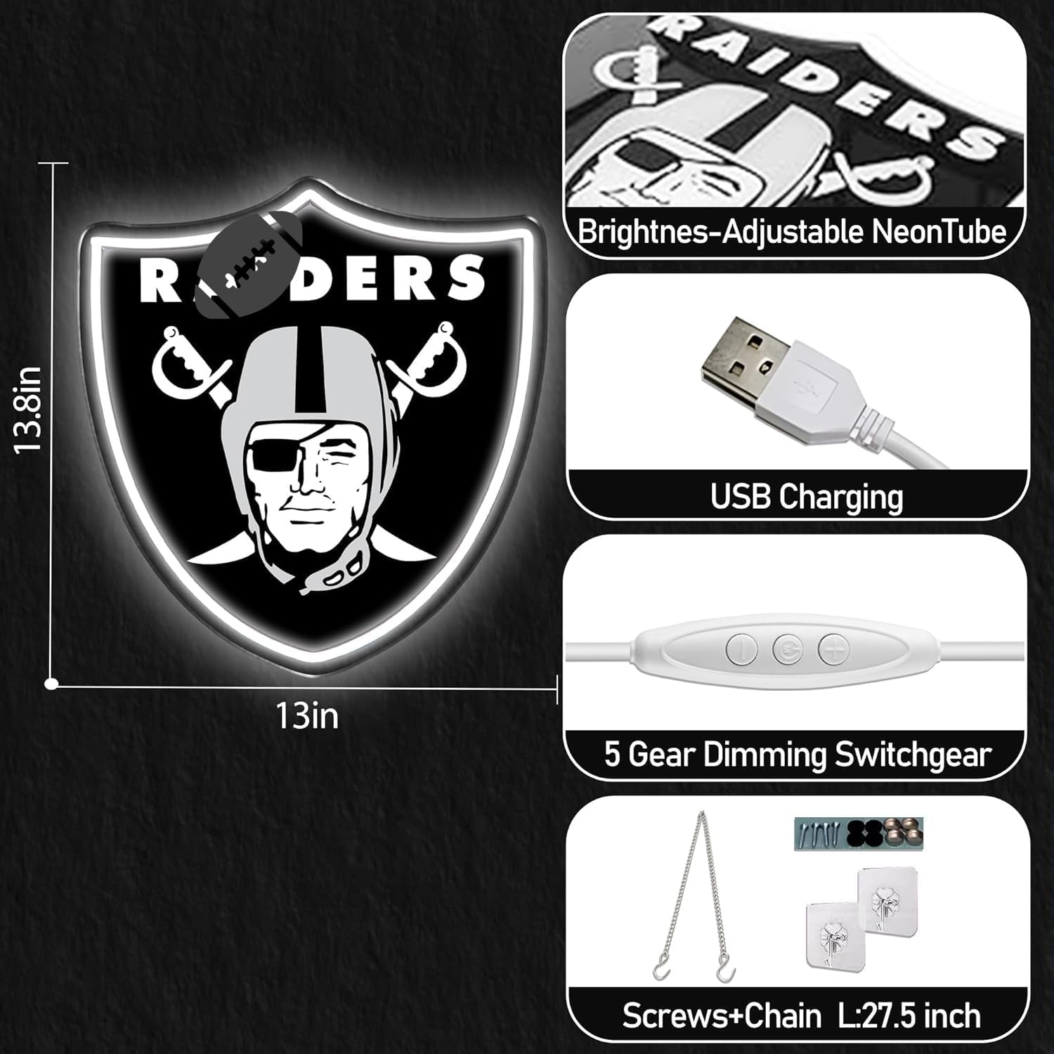 Football Team Neon Sign, Cool Dimmable Light Up Football Team Logo Hanging USB Powered for Wall Decor, Man Cave, Bedroom, Game Room Deco, Birthday Christmas Merch Gift for Boys Fans - Image 3