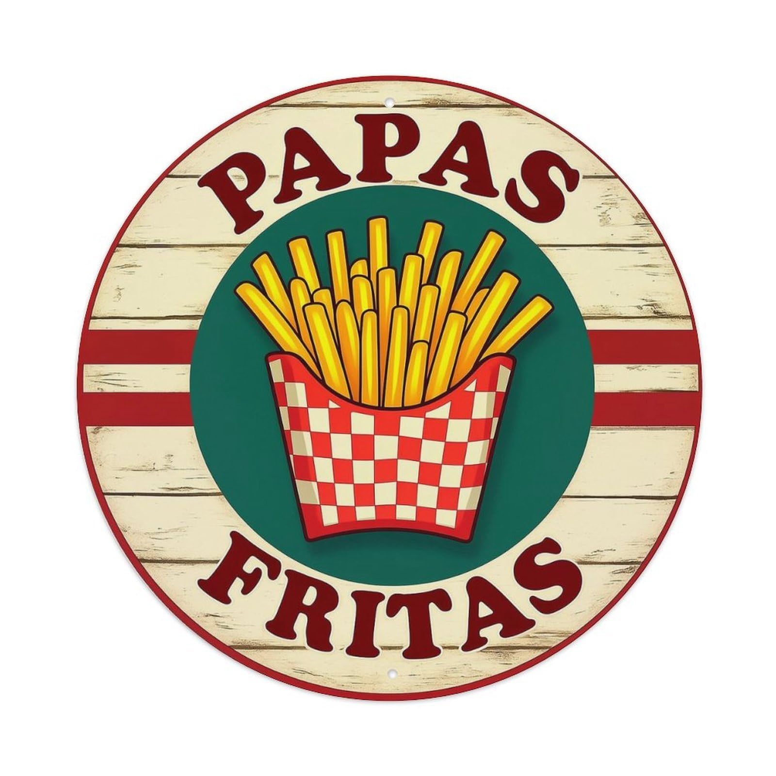 Red White Checkered Basket Fries Round Metal Tin Sign Vintage Wall Decor, Bar Garage Cafe Kitchen Home Wall Art Poster 8x8inches