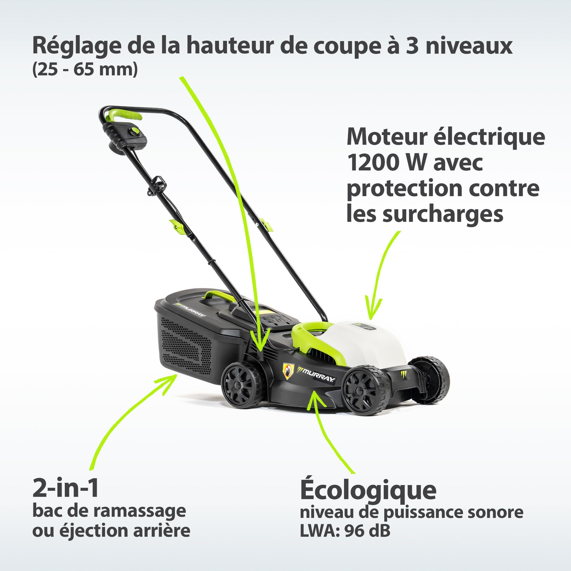 Murray Tondeuse Électrique 2-en-1 LE320E – Compacte 1200W/32cm avec Bac de Ramassage 27L pour Petites Surfaces – Poignée Ergonomique et Protection Contre Les Surcharges