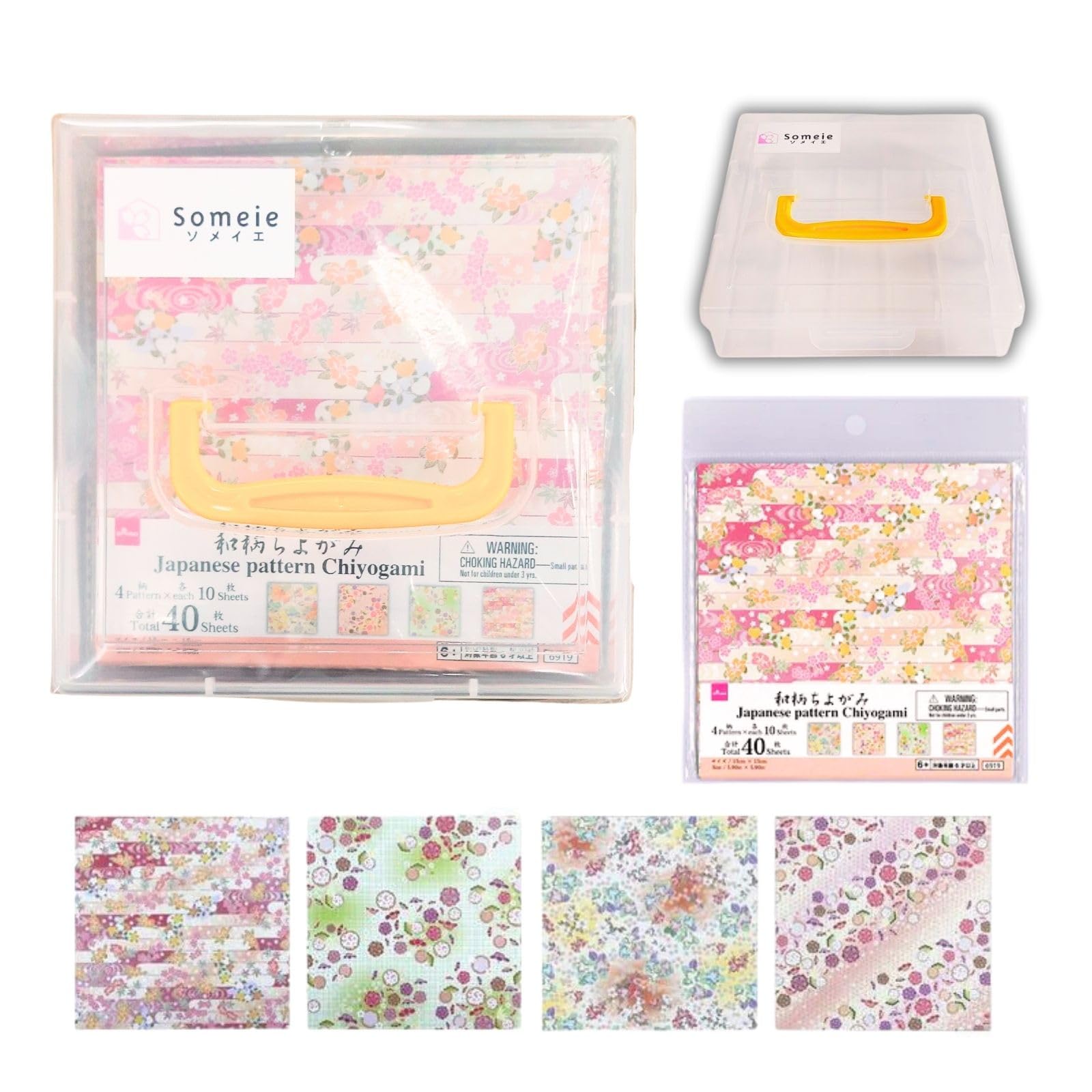Papel de origami Someie para niños Kit de origami Manualidades para niños Contenedor de almacenamiento de papel de origami de 6 pulgadas y 15 cm Hojas de patrón japonés 4 patrones 10 hojas cada una Total 40 hojas Flor de patrón japonés
