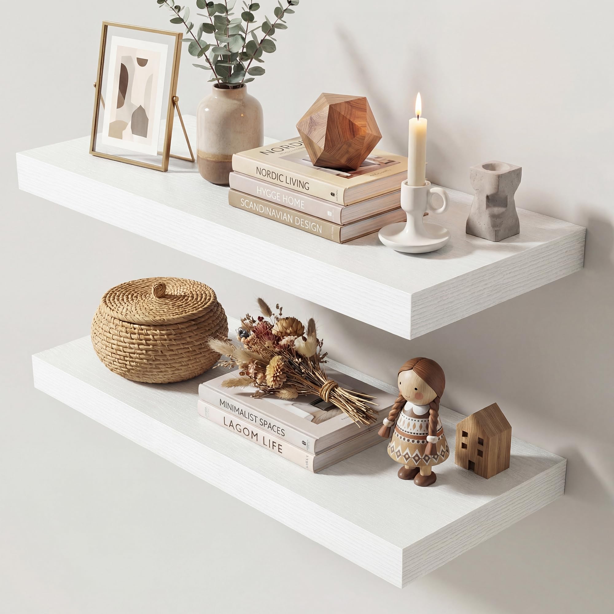 Dreamland 24 Inches Floating Shelves for Wall,9.3" Deep Long Floating Shelves Set of 2,Large Display &amp; Storage Shelf,Wall Shelf for Bathroom Bedroom Living Room Kitchen Office,White