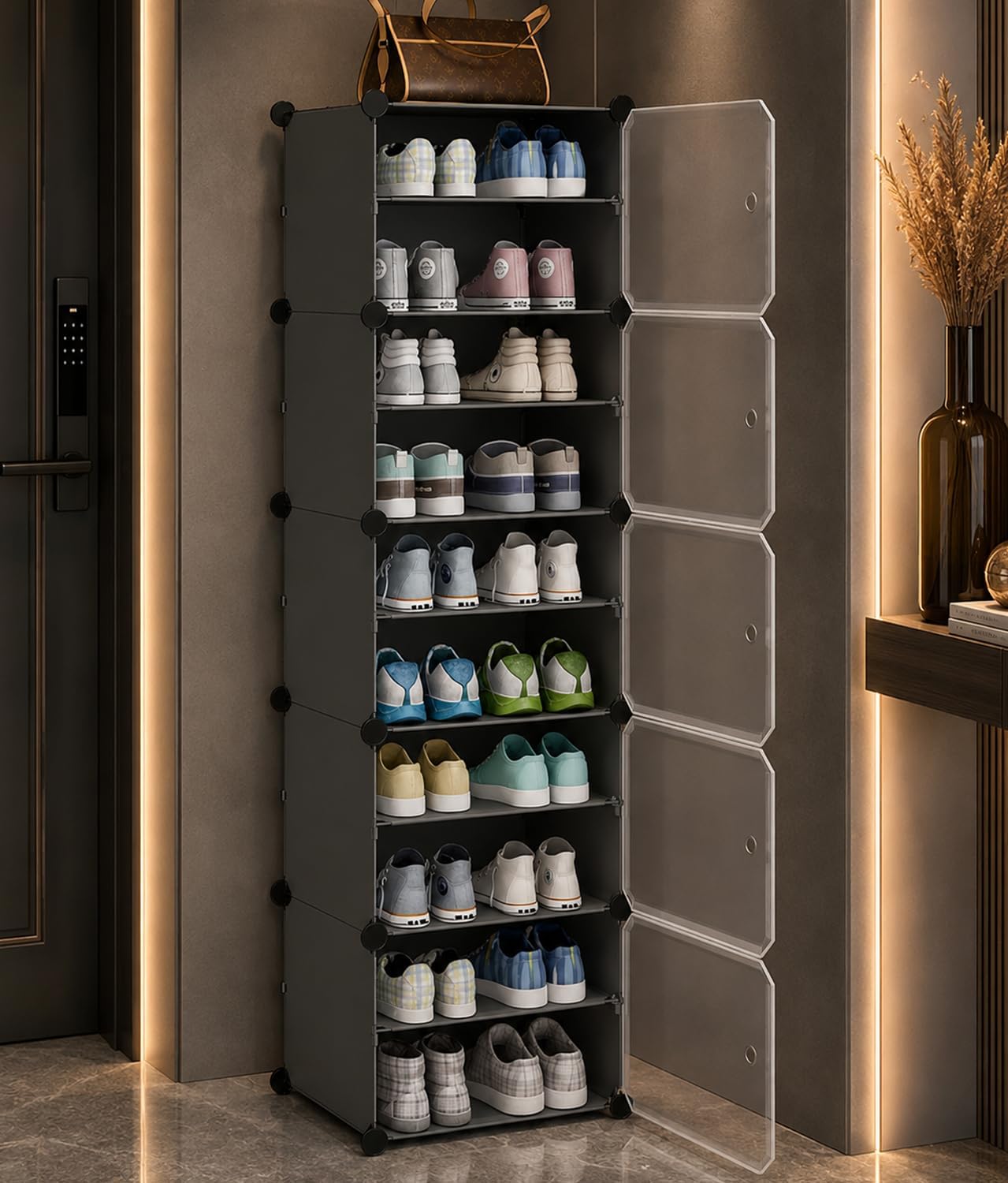 Foldable Plastic Shoe Rack Cabinet for Home – 5 Door 10 Shelf Dustproof & Waterproof Shoe Organizer, Space Saving Storage Unit, White (Black)-image-40