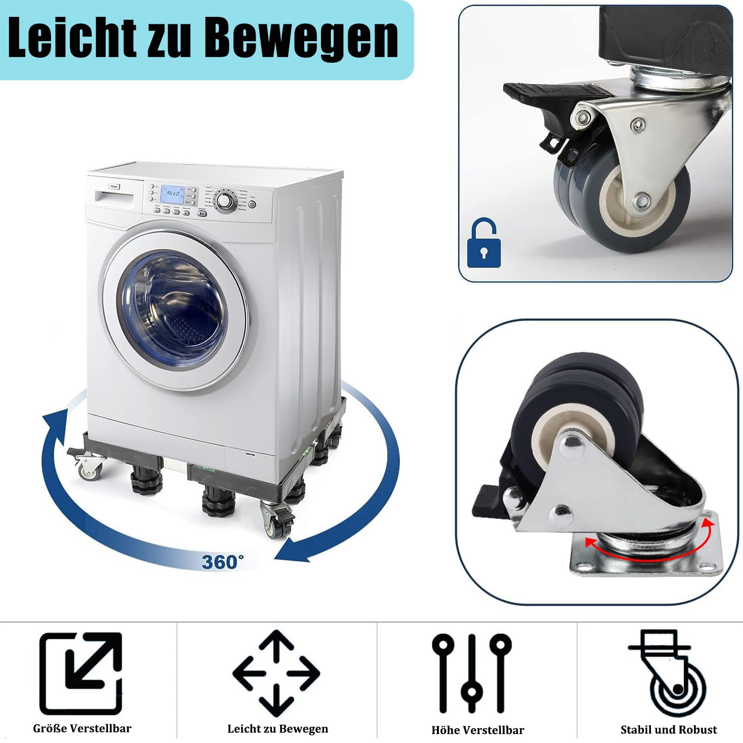 Base per lavatrice con 4 tubi bloccabili, altezza 11 cm, base per lavatrice, per frigorifero, asciugatrice, lavastoviglie, nero (regolabile 40-65 cm)