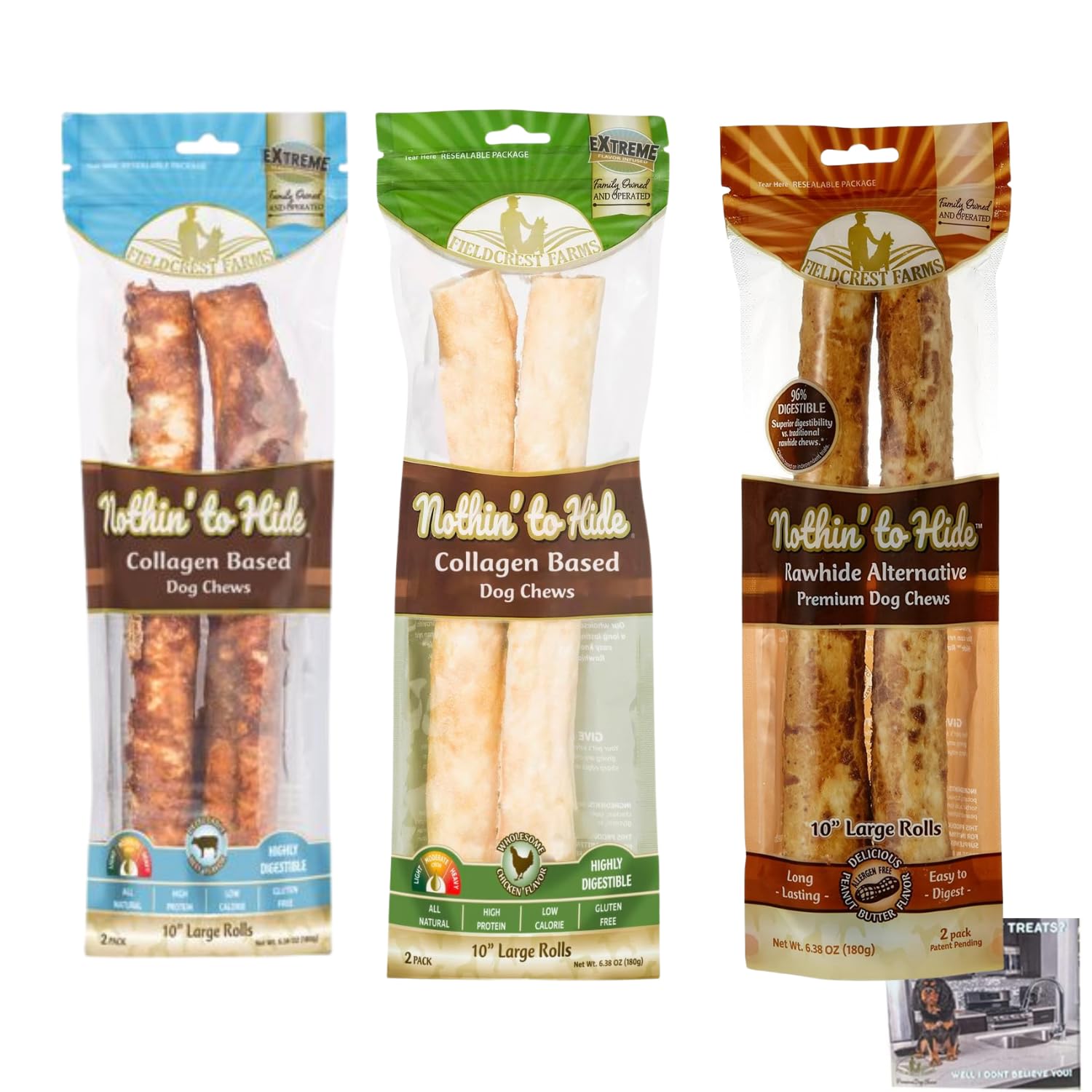 Fieldcrest Farms Nothing to Hide Natural Rawhide Alternative Large 10" Rolls for Dogs - 3 Pack Bundle (Chicken, Beef, Peanut Butter) Premium Grade
