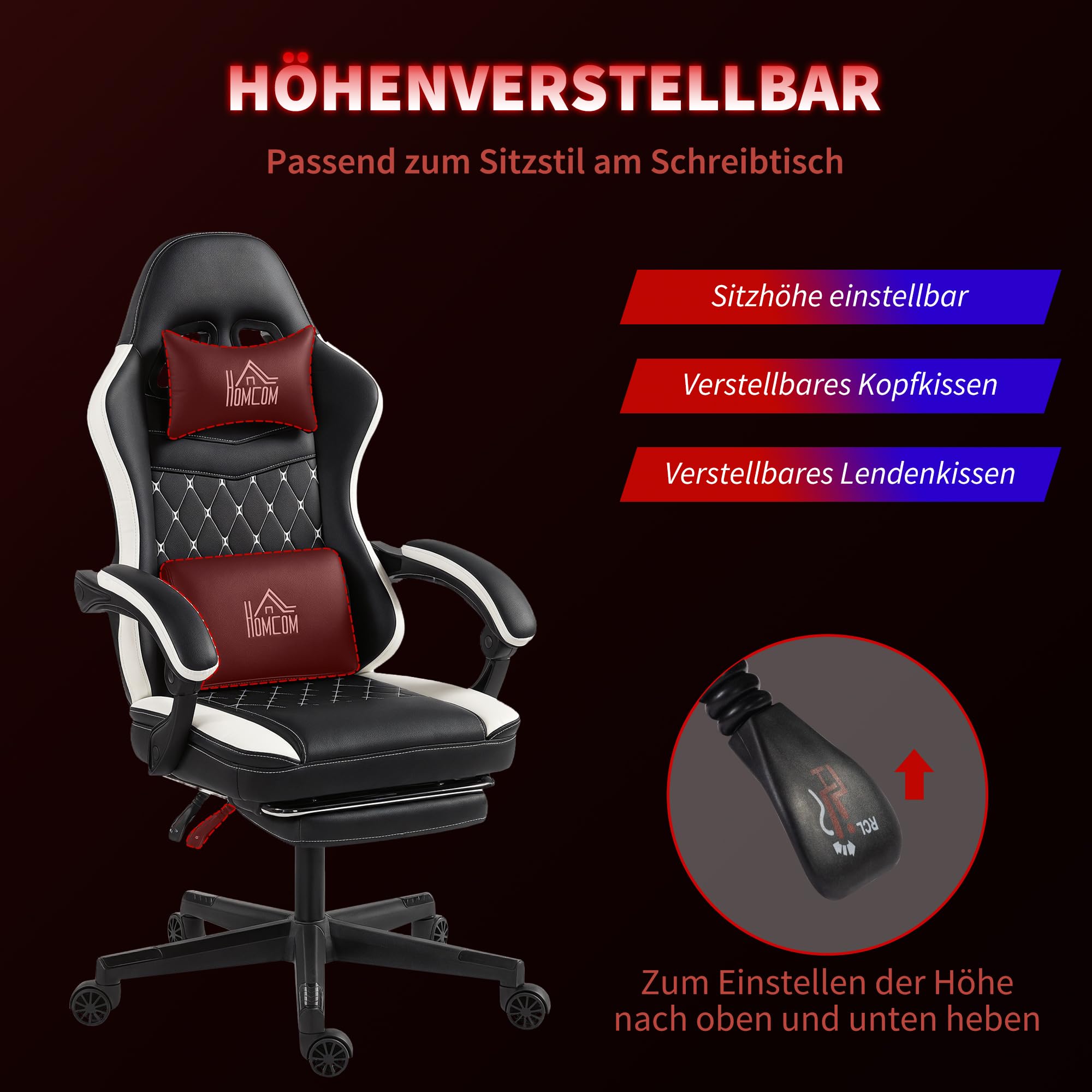 HOMCOM Fotel gamingowy, ergonomiczny fotel dla graczy z podparciem okolic lędźwiowych, podnóżkiem, z regulacją wysokości, fotel gamingowy z poduszką pod głowę, krzesło biurowe z diamentowym szytym