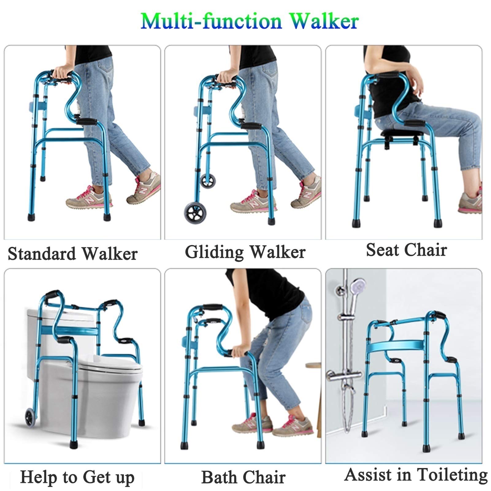 Andador médico plegable con ruedas for personas mayores y ancianos, adultos, ayuda for caminar ligera azul con ruedas