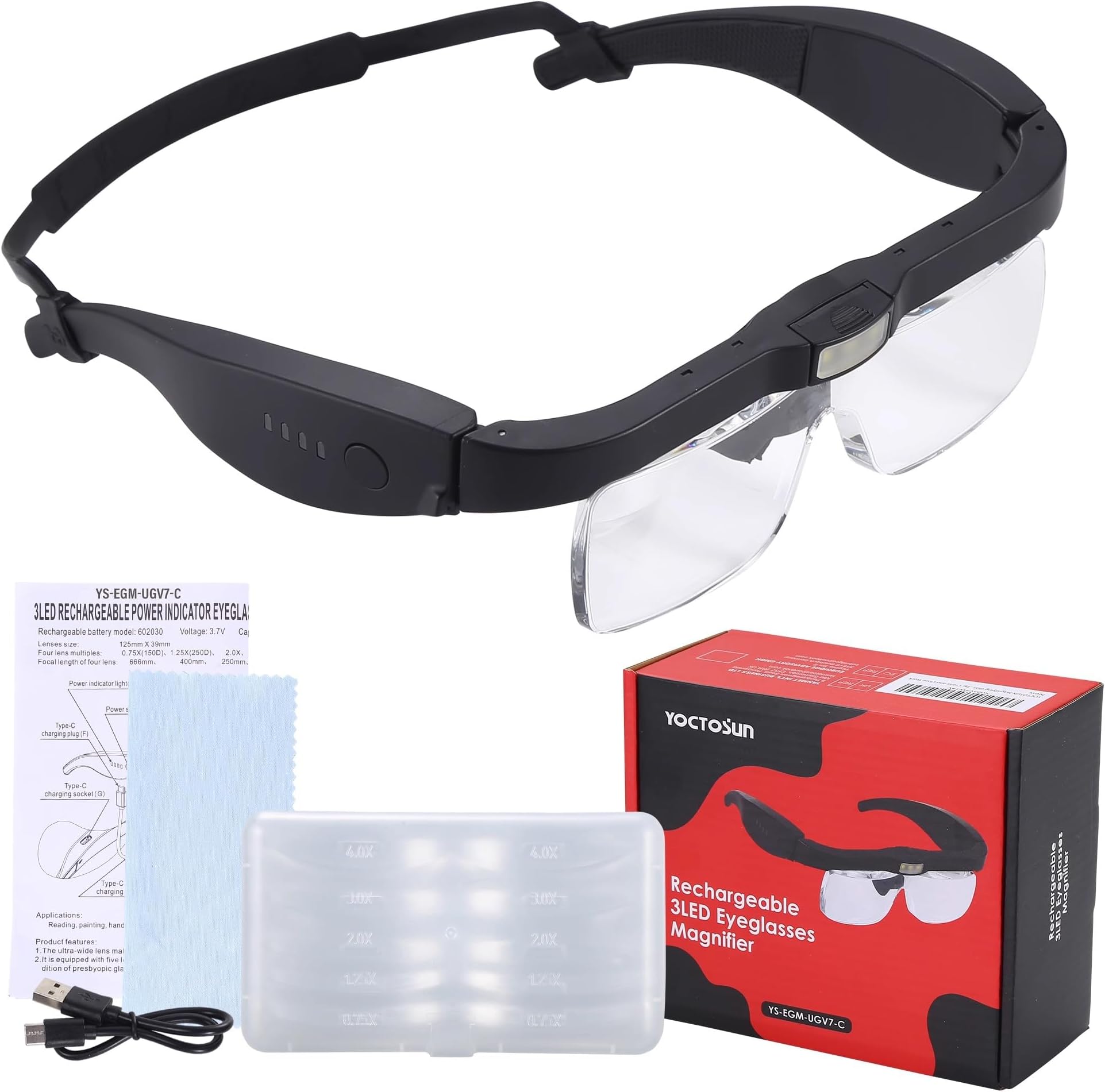 YOCTOSUN Magnifying Glasses with Light, Head Magnifier Glasses with 3 LED Lights and Detachable Lenses 0.75X, 1.25X,2.0X, 3.0X and 4.0X, Eyeglasses Magnifier for Hobby, Crafts, Reading and Close Work