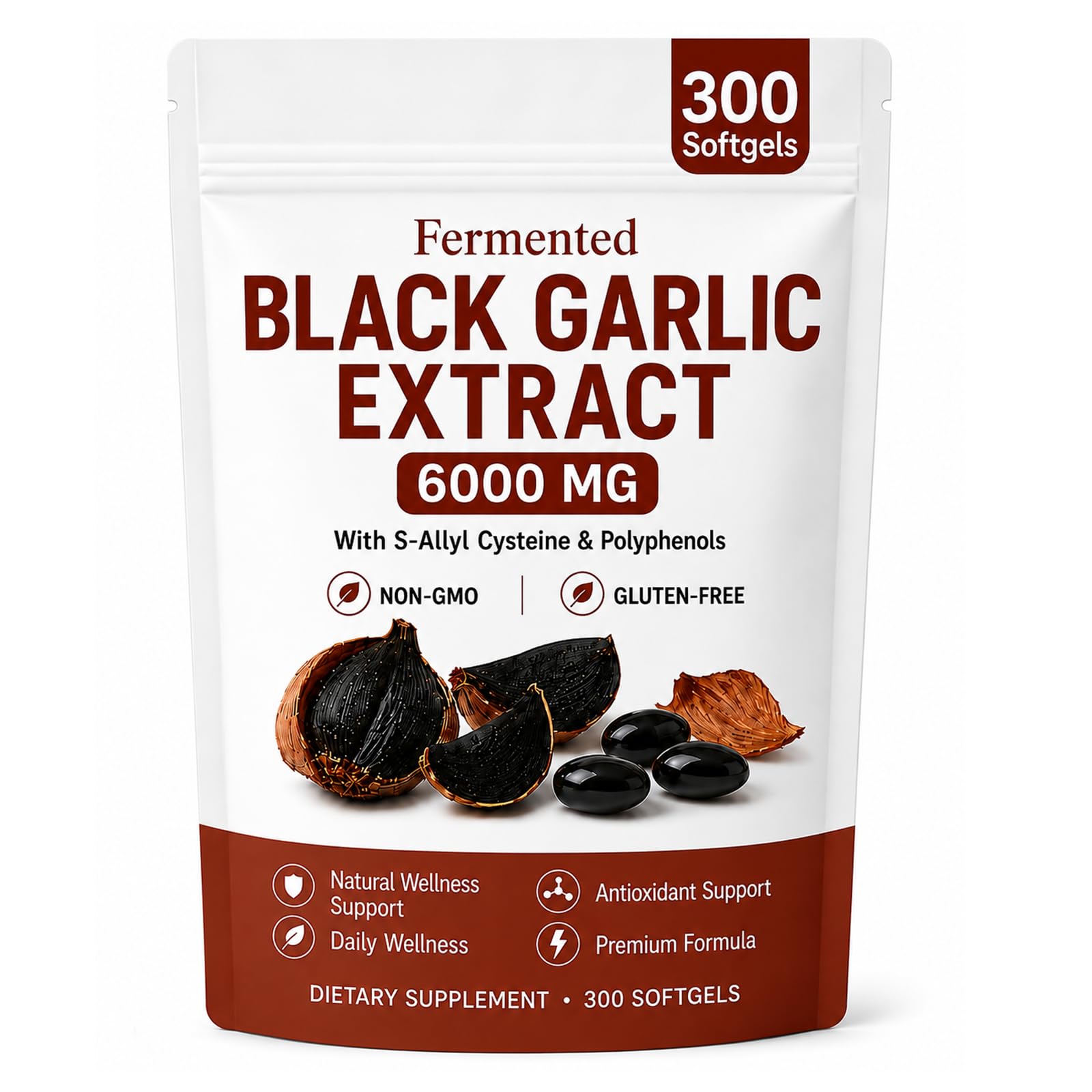 Fermented Black Garlic Extract Capsules, Odorless Daily Wellness Formula, Vegan Non-GMO, Gluten Free, 300 Capsules