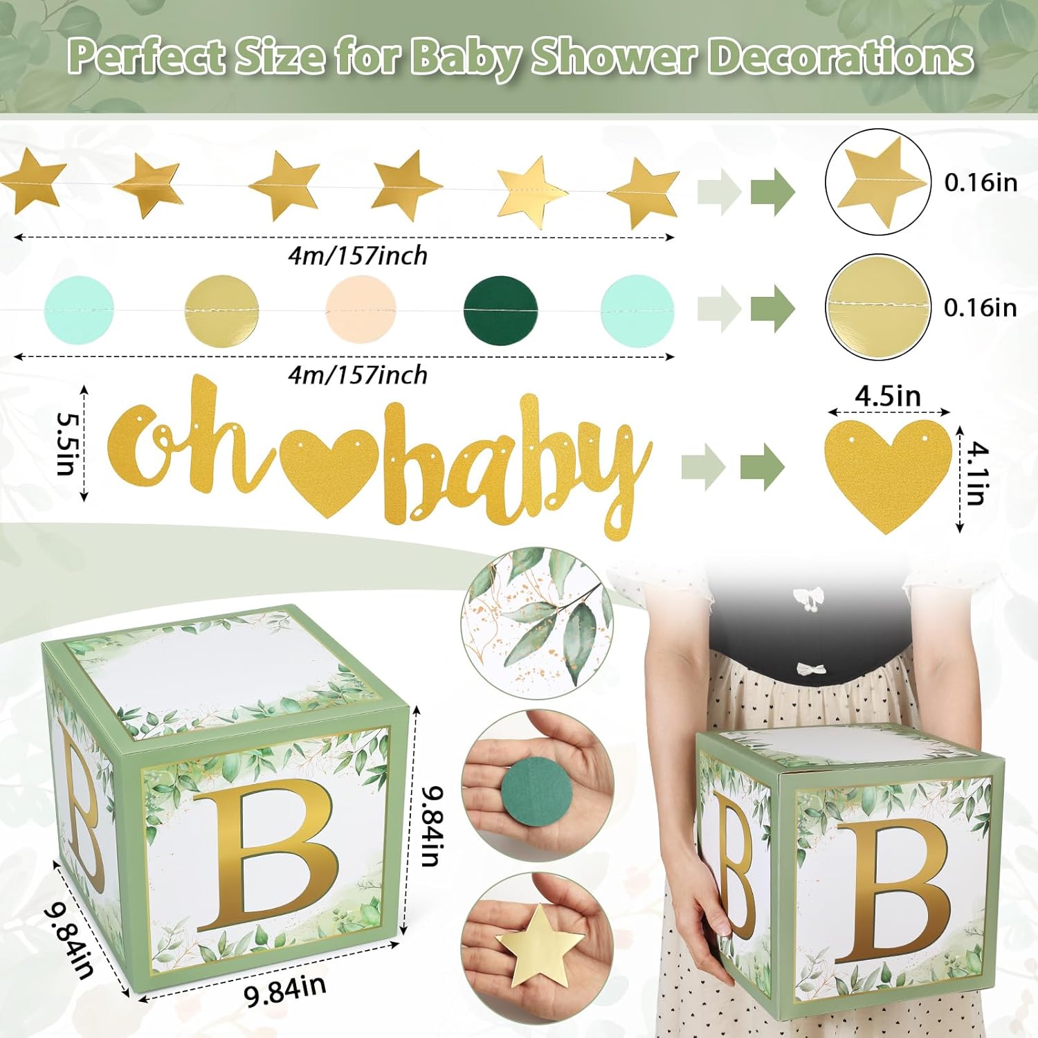 51 Pcs Sage Green Baby Shower Decorations - Gender Neutral Babyshower Decoration with 4 Sage Green Baby Boxes, Tissue Poms Tassels, Balloons, Oh Baby Golden Star Banner Gender Reveal Party Supplies