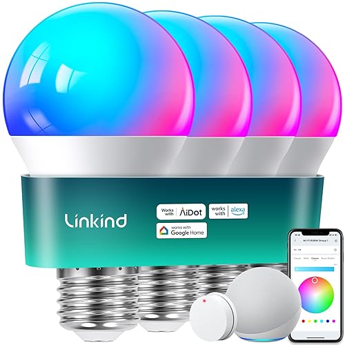 Linkind Smart Light Bulbs with Remote Control, Smart Bulb That Work with Alexa & Google Home, 16 Million Color Changing Light Bulbs 60W, A19 E26 2.4Ghz WiFi Light Dimmable,1800K-6500K,800lm 4 Pack - 4 Pack with Remote