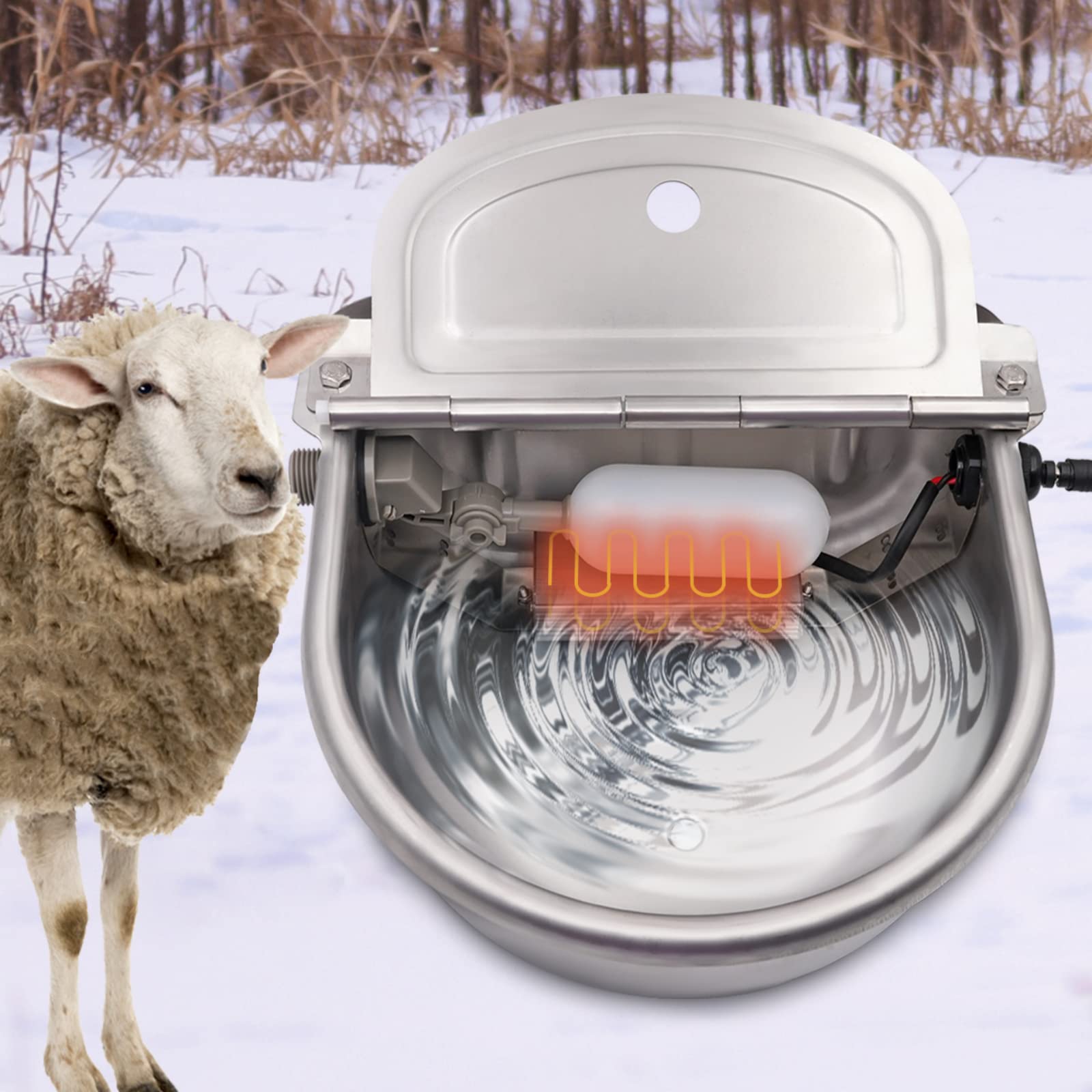 Bebedero de natación con calefacción de 24 V/220 V con tapón de desagüe de acero inoxidable calentado Termostato automático a prueba de heladas, bebidas para caballos de ganado ovejas (220 V)