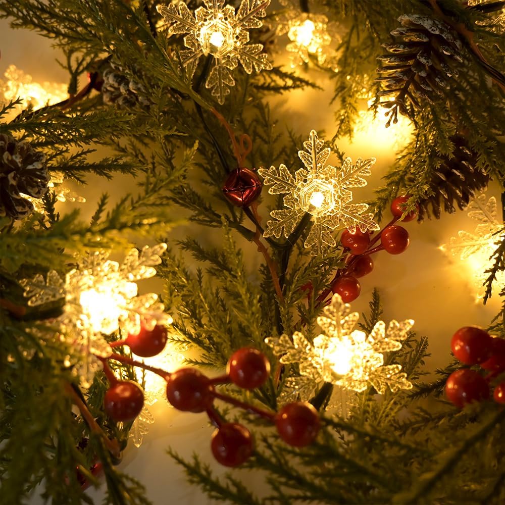 Christmas Garland Lights 6.56FT 20 Snow LED Pine Garland with Lights Battery Operated with Bells Red Berries Pinecones Cypress Greenery Garlands Decoration for Xmas Tree Mantle Door Stairs Home Decor - Image 8
