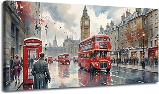 London watercolor street scene city street scene poster red canvas painting double decker bus Big Ben landscape reflection in the rain British telephone booth wall painting
