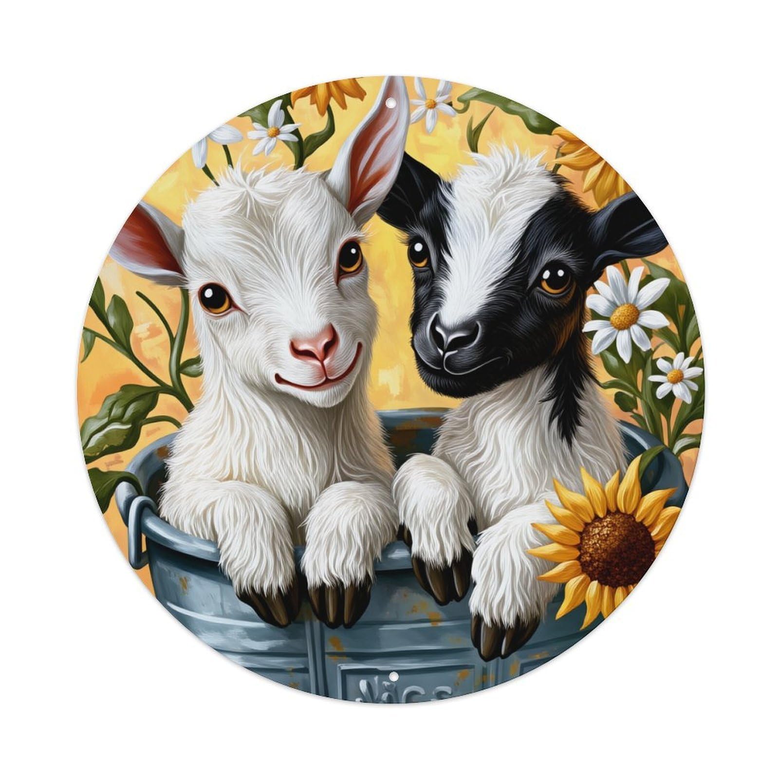 Goat Pair Bucket Flowers Sunflower Round Tin Sign Vintage Metal Poster, Home Bar Garage Man Cave Cafe Indoor & Outdoor Wall Decoration 8x8Inches